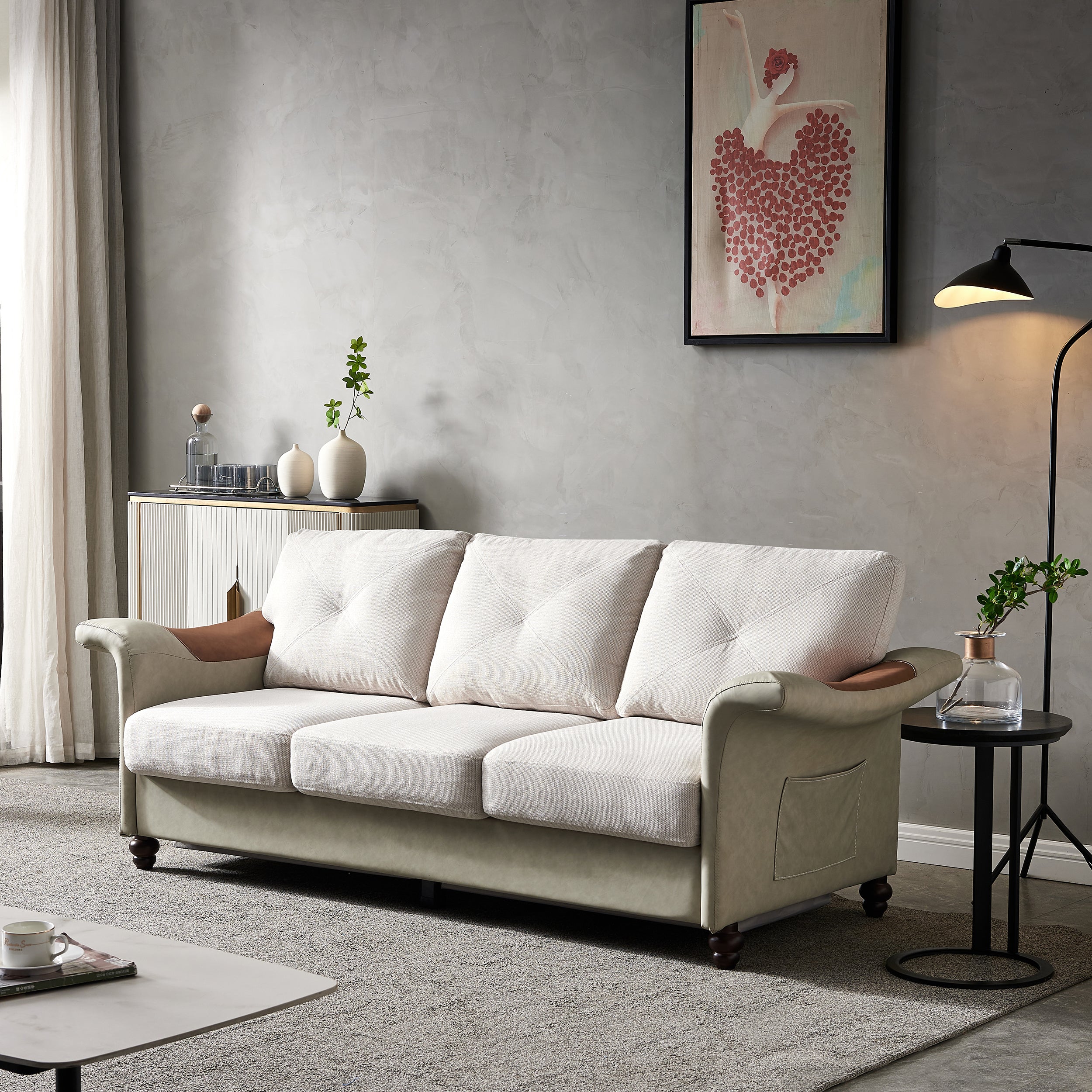 84" Corra Beige Linen Fabric Sofa with Wood Legs
