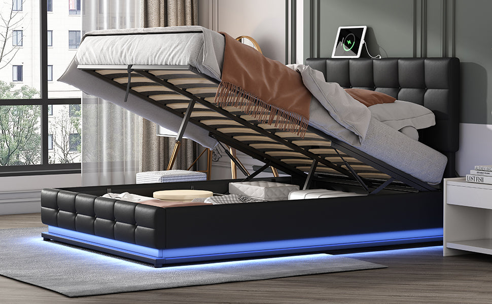 Kosmo Black Queen Tufted Faux Leather Hydraulic Lift Platform Storage Bed With LED Light, USB Charger