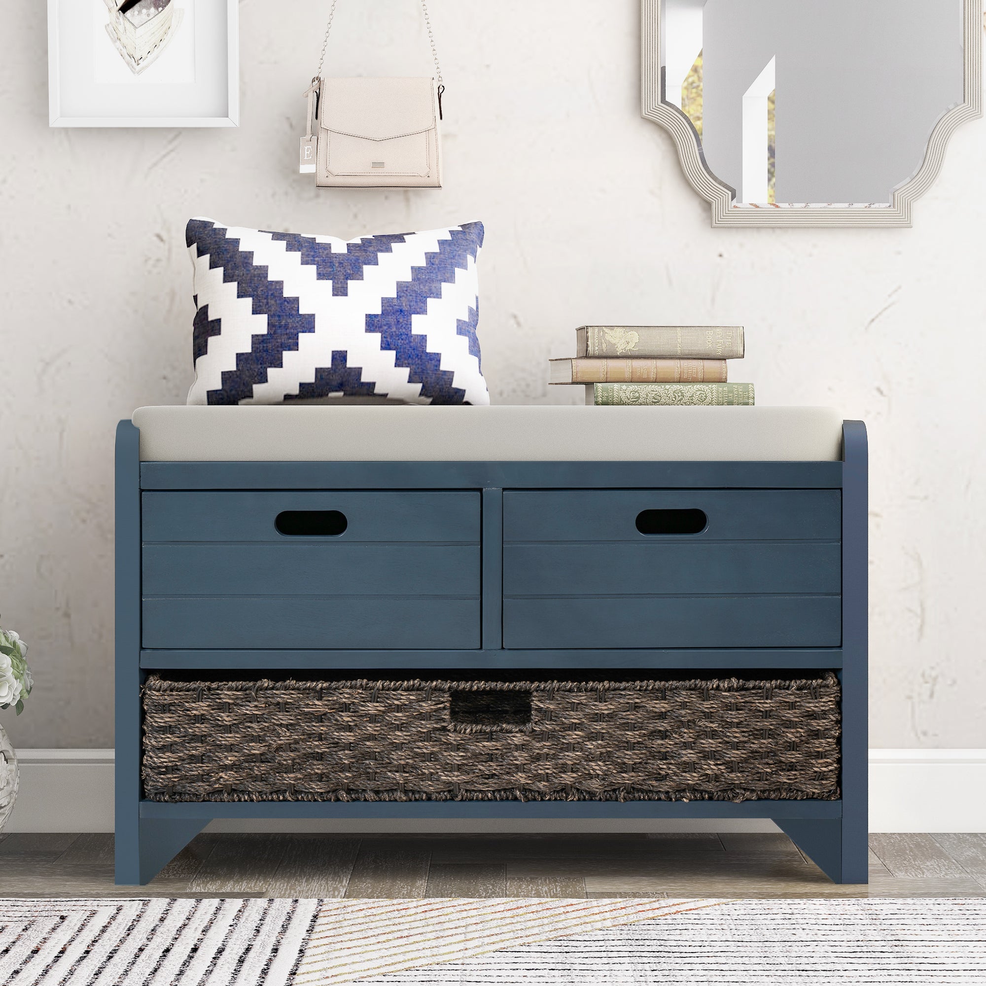 32" Navy Blue Storage Bench with Removable Basket and 2 Drawers