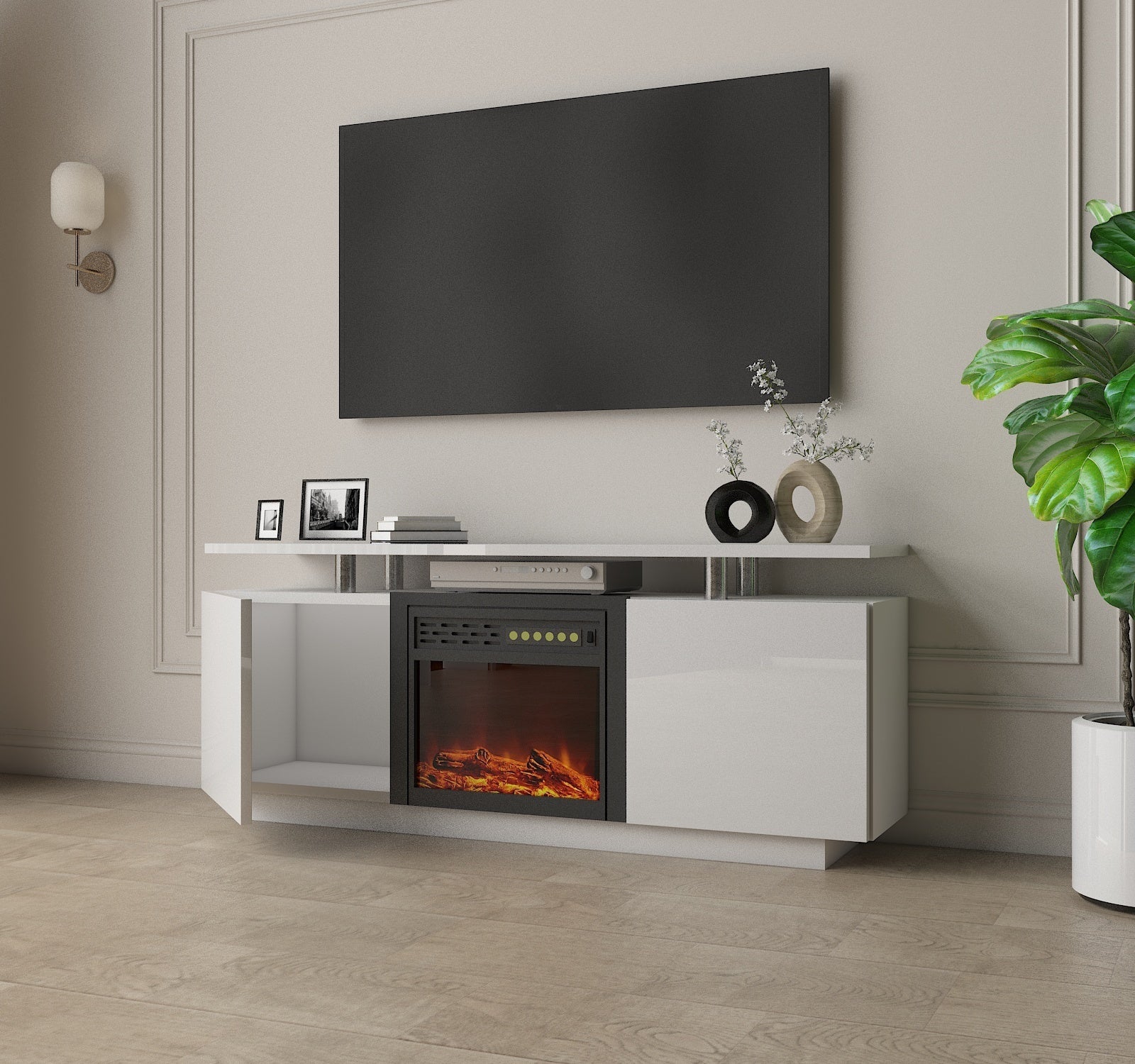 63" White High Glossy TV Stand With Fireplace, Fits TV up to 75" 