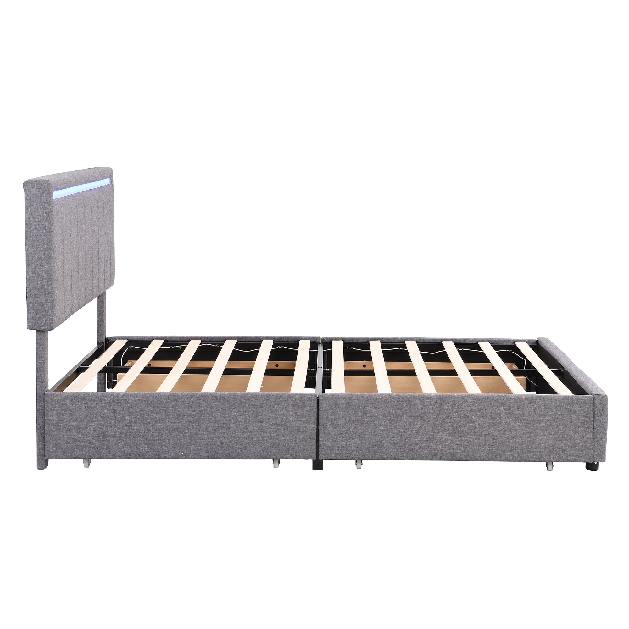 Charles Queen Gray Linen Platform Bed with LED Light and 4 Storage Drawers, USB ports and Power Outlet