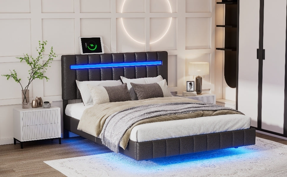 Lazio Full Size Faux Leather Floating Platform Bed with LED Lights and USB Charging