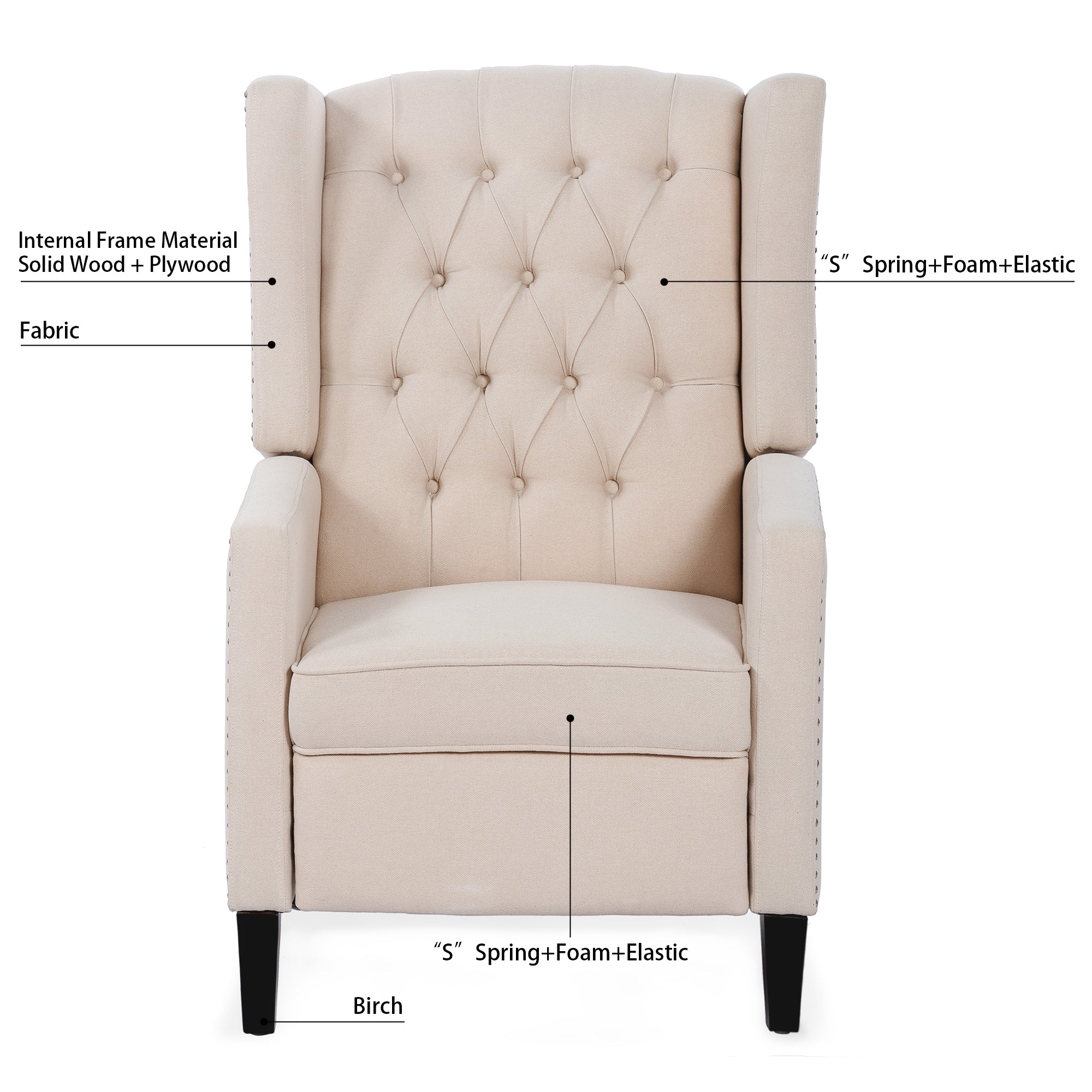 Blaine Beige Linen Fabric Pushback Recliner Wing Chair With Nailhead Trim