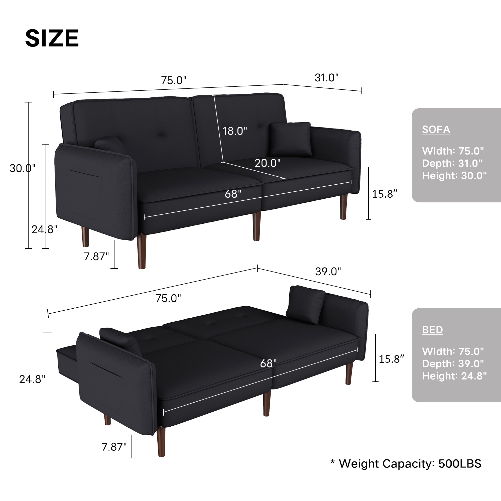 Sally Black Linen Futon Convertible Sofa bed