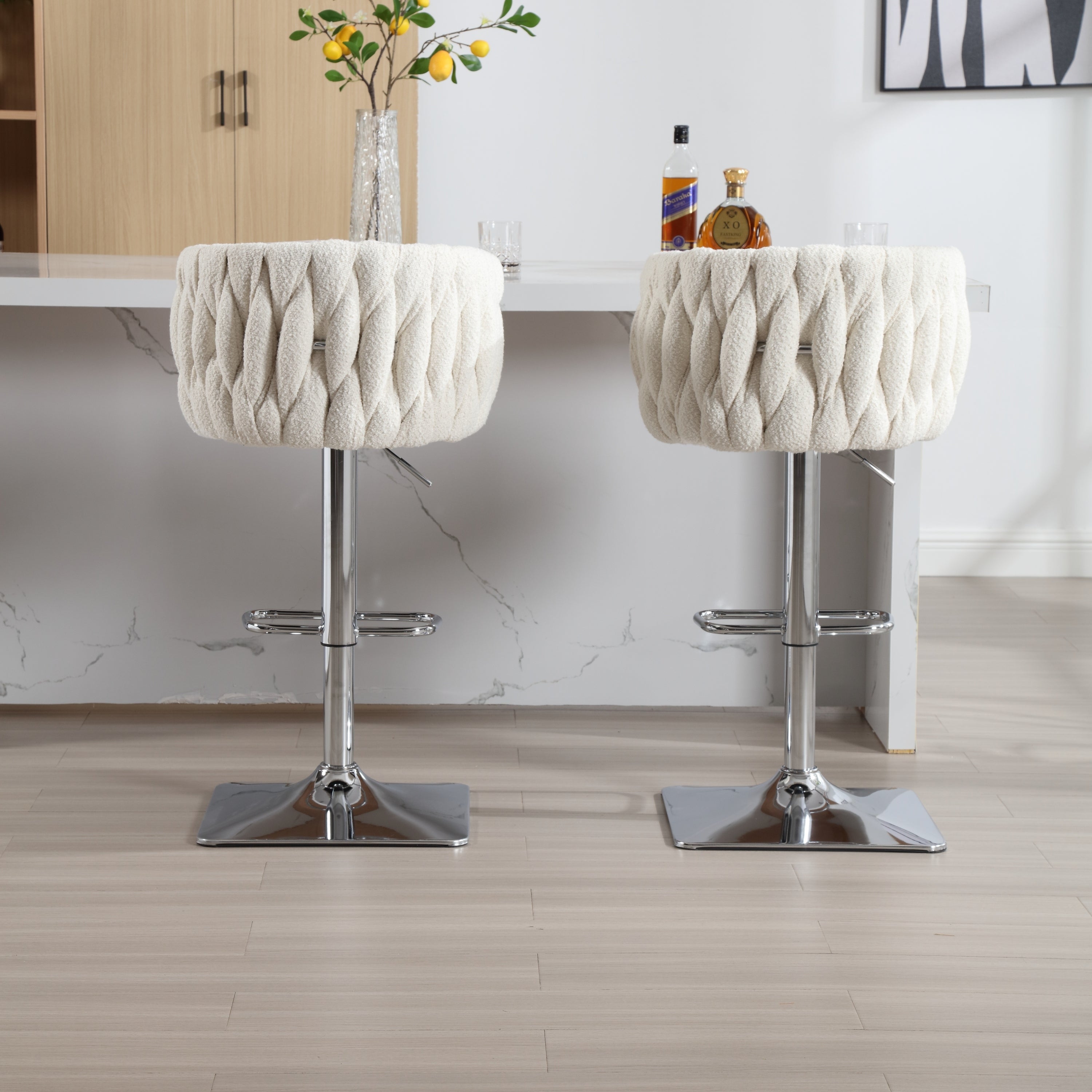 Set of 2 Modern Boucle Fabric Swivel Adjustable Height Barstools with Chromed Base