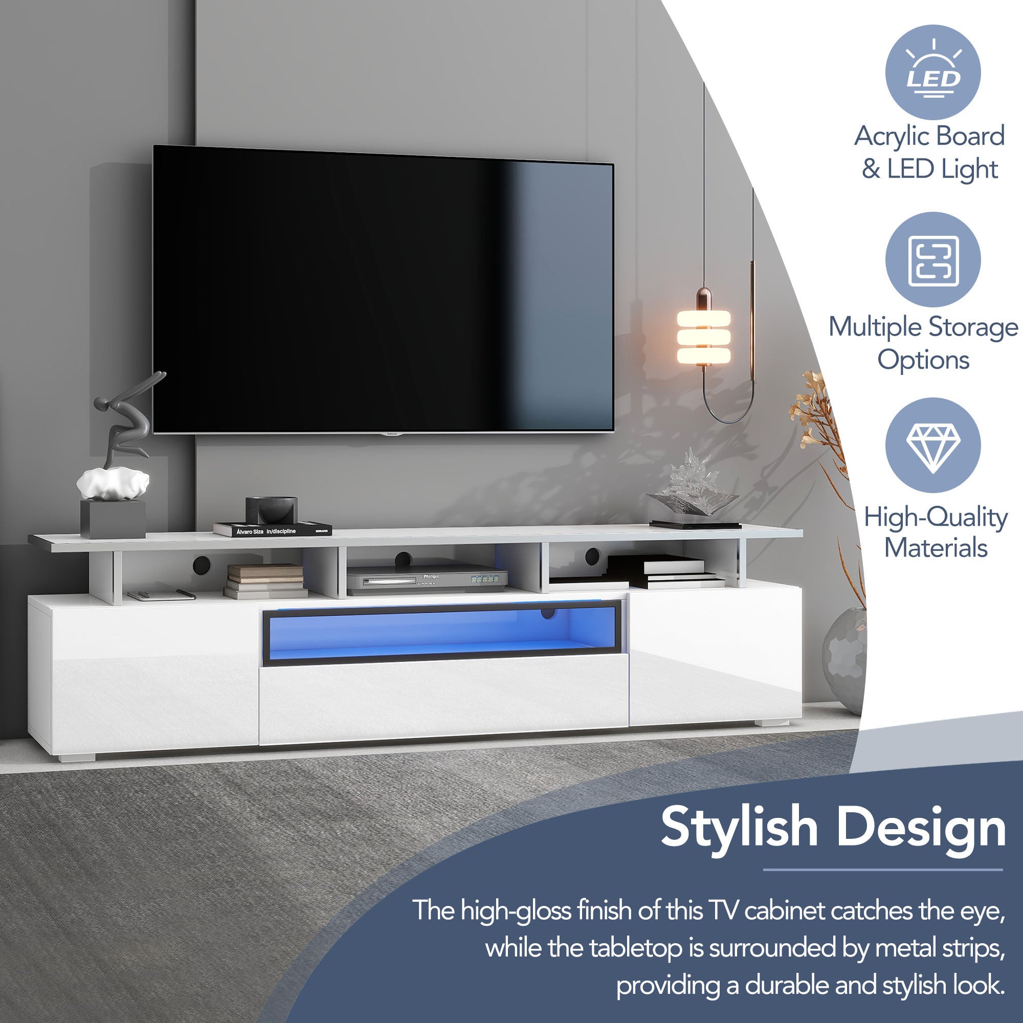 76.70" White Glossy Modern TV Stand with LED Light Fits TV up to 85"