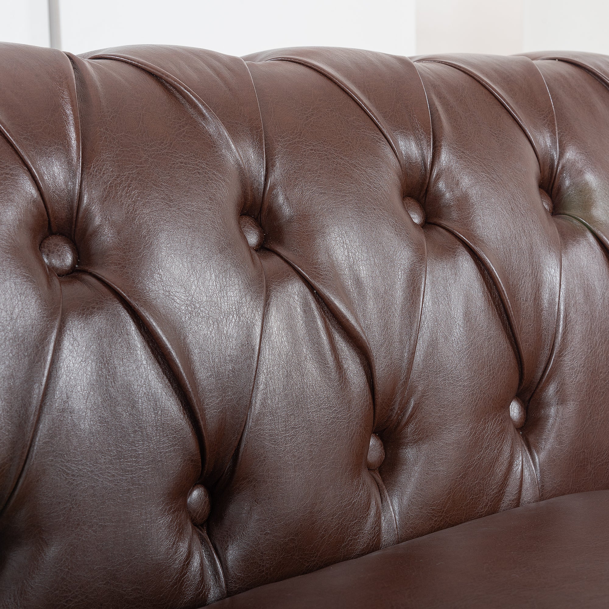 84" Dark Brown Faux Leather Chesterfield Sofa With Nailhead Trim