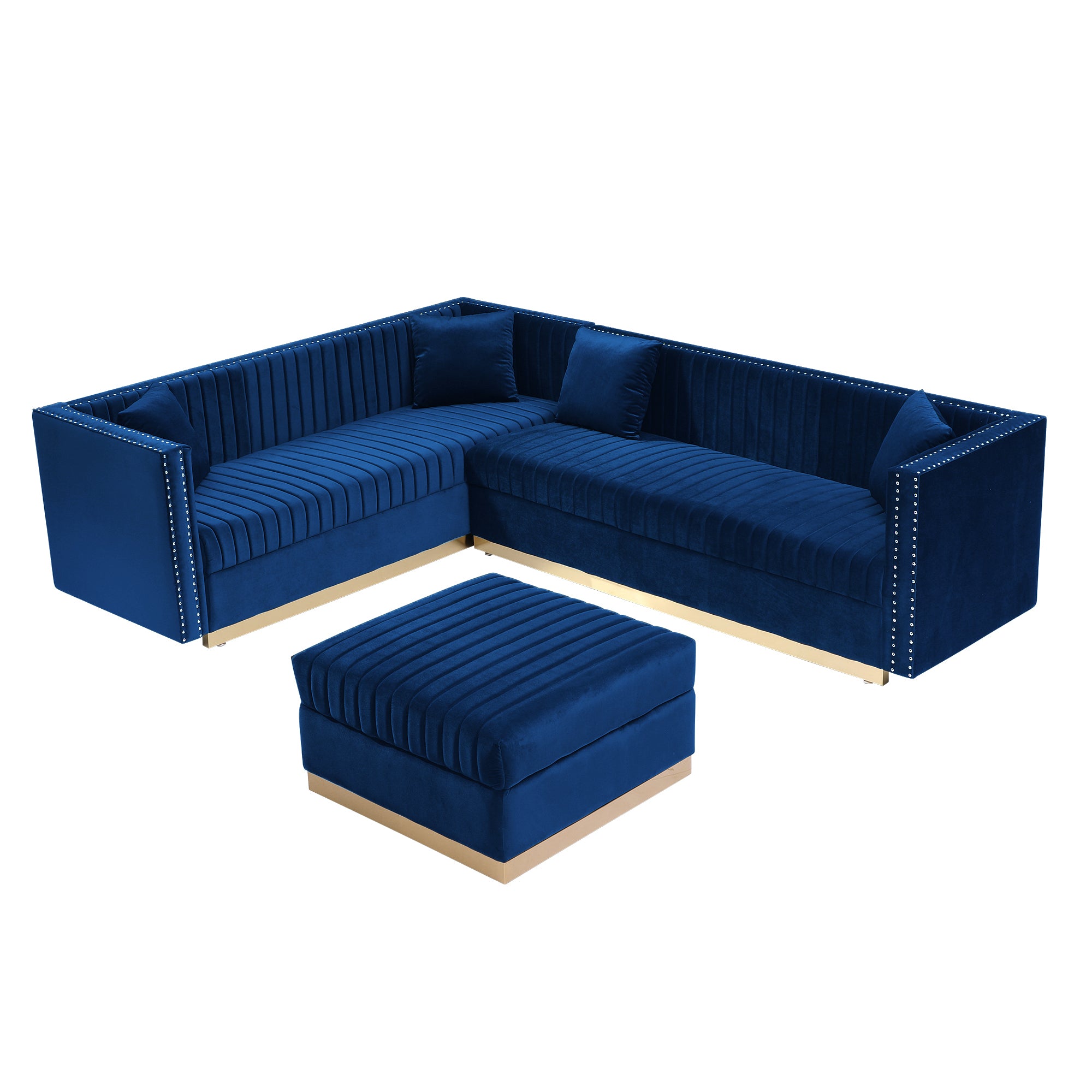 Milano Luxury Velvet Sectional With Ottoman, Vertical Channel Tufted with Gold Finish legs