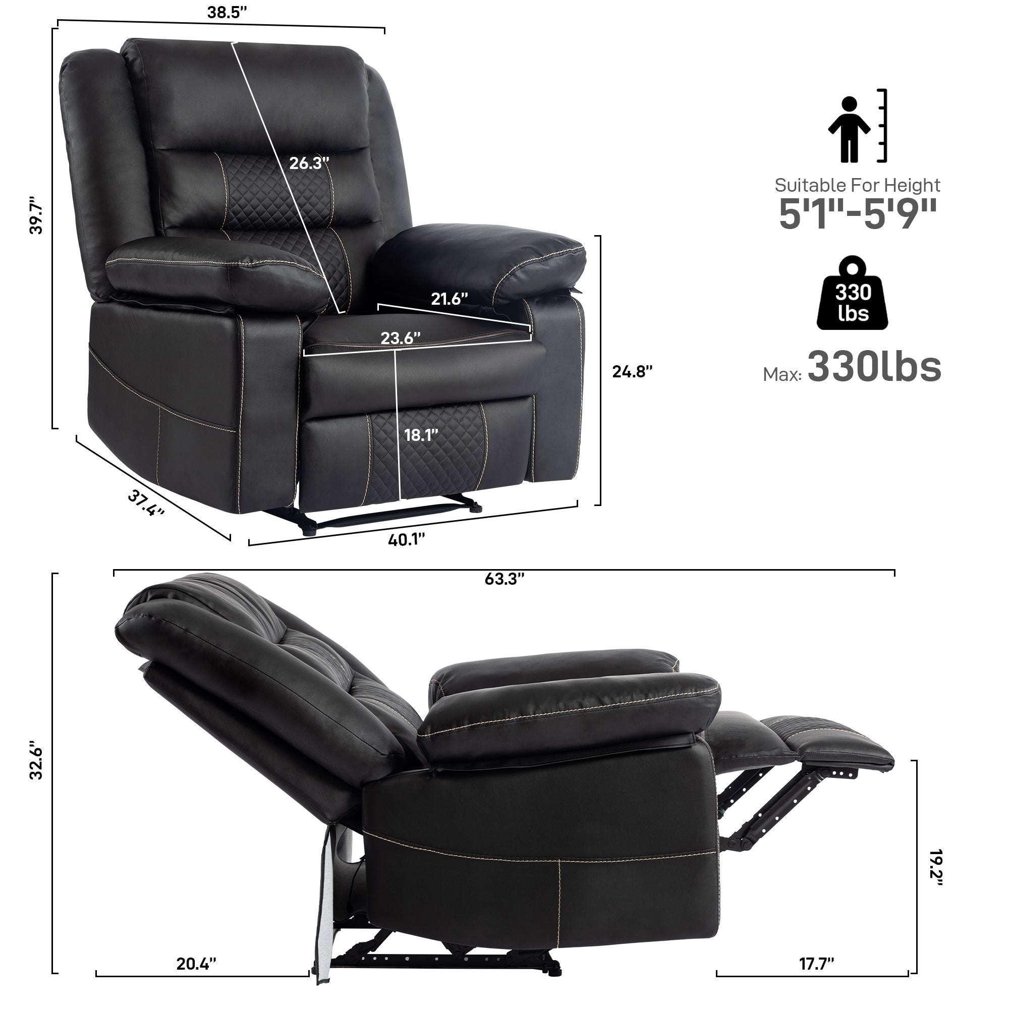 Stanley Black Faux Leather Recliner Chair with Massage and Heat
