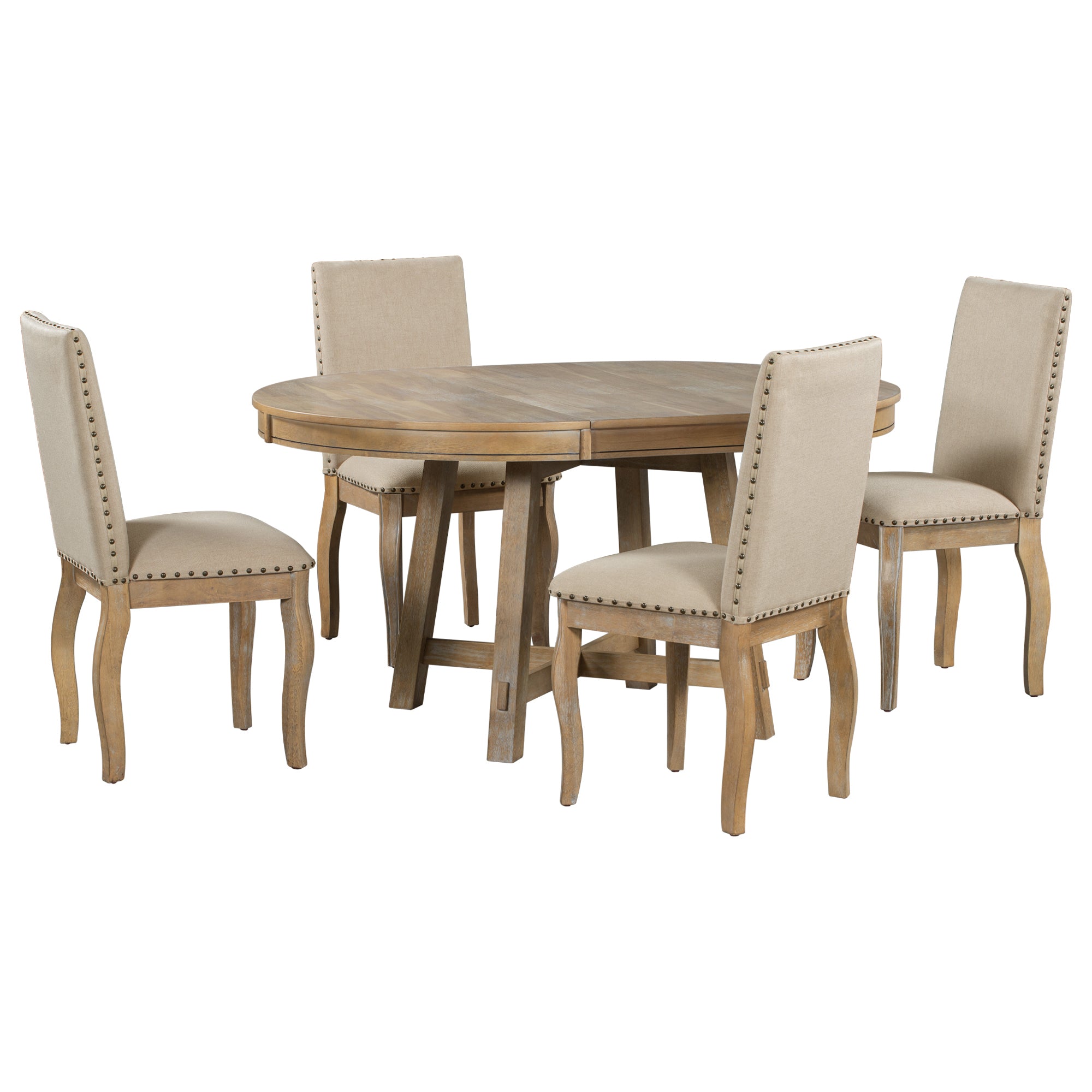 Harrison 5Pc Set Natural Wood Wash Dining Set with Dropleaf. 42" Round Extend to 58" Oval