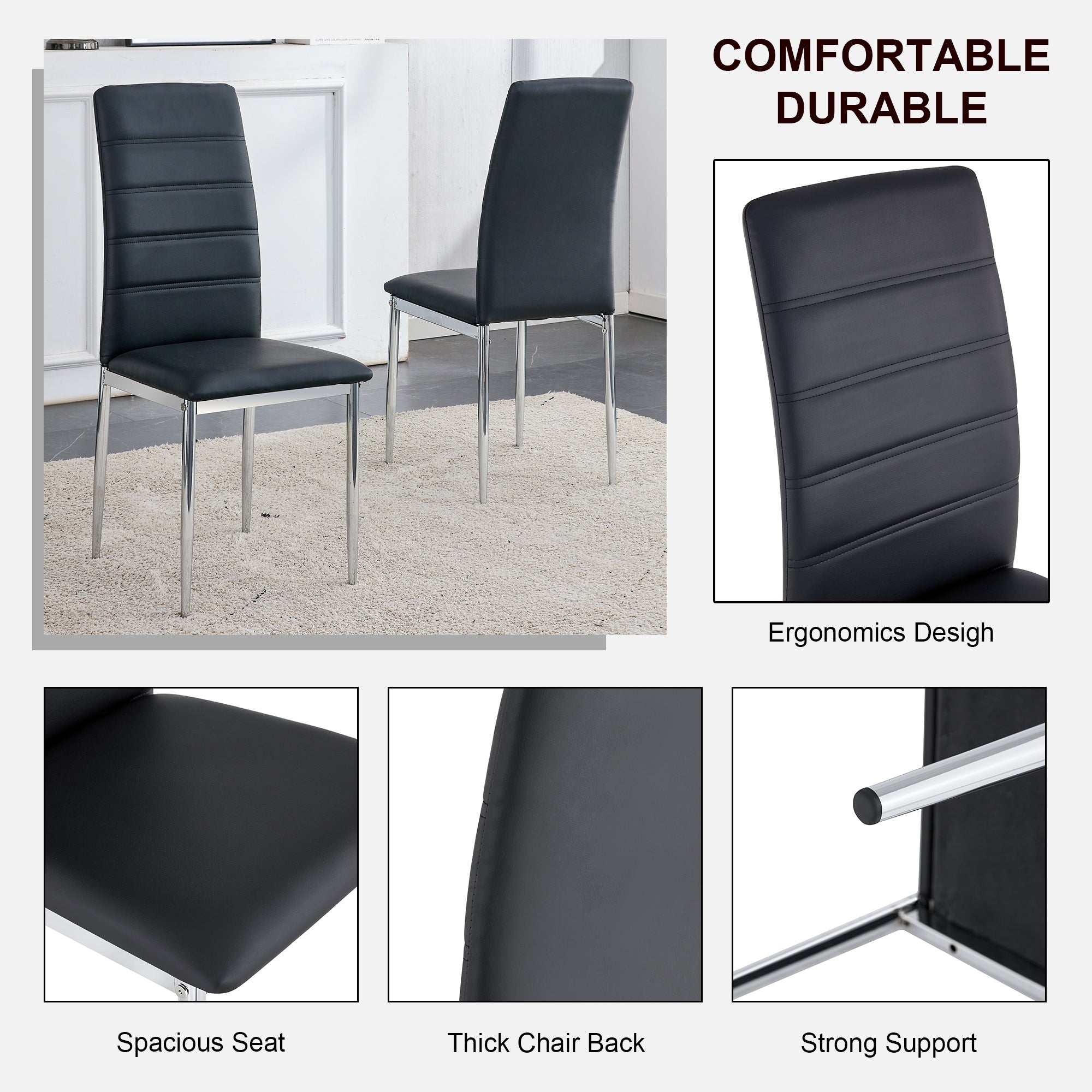 Set of 4 Pieces Black Faux Leather Dining Chair with Chromed Legs