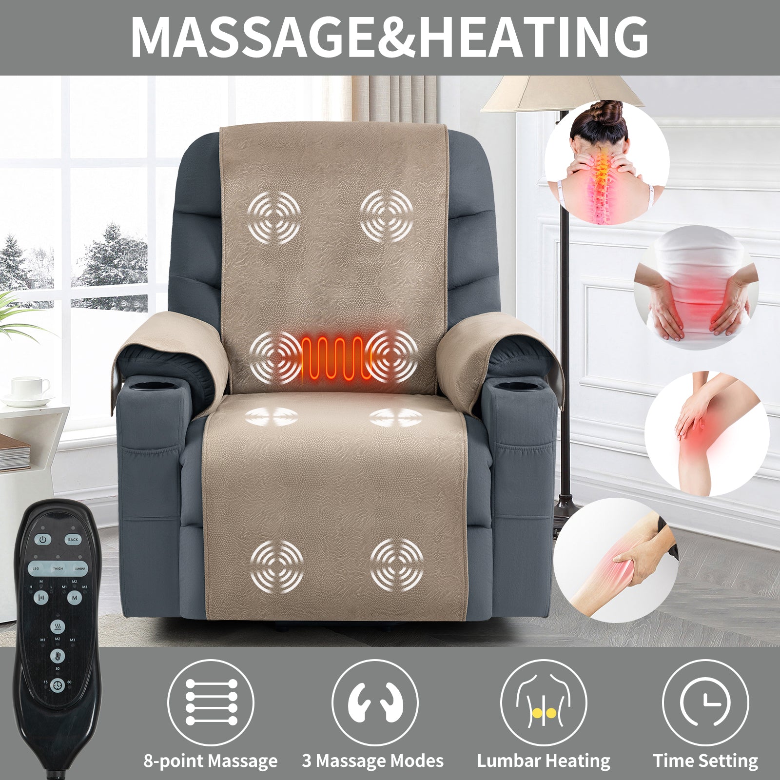 Mason Suede Power Lift Recliner with Massage and Heating, USB Charge Ports and Cup Holder