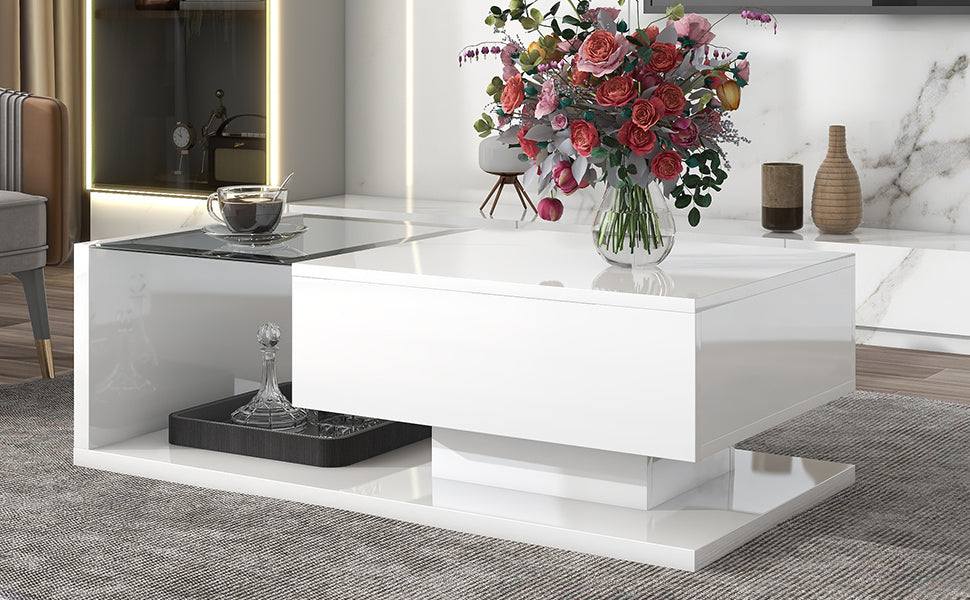 White High Glossy Modern Coffee Table with Tempered Glass