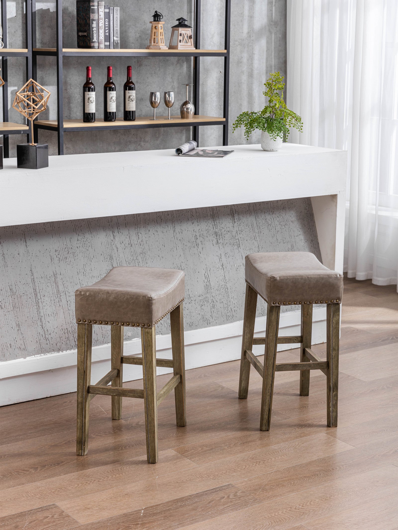 Set of 2 Gray Faux Leather Counter Stools with Wood Legs