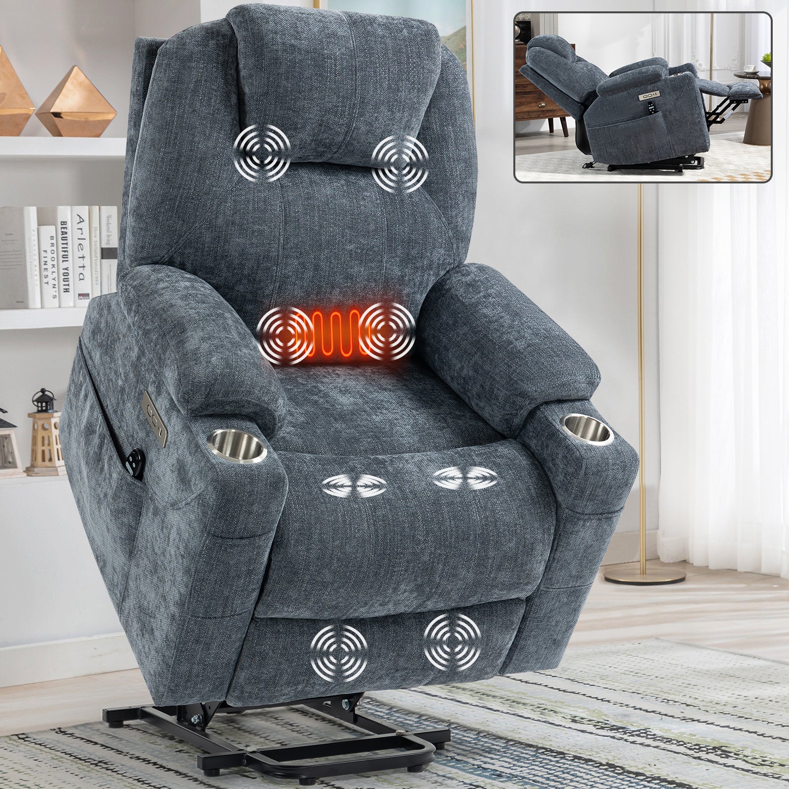 Oliver Chenille Power Lift Recliner With Massage and Heating, USB Charge Port and Cup Holder