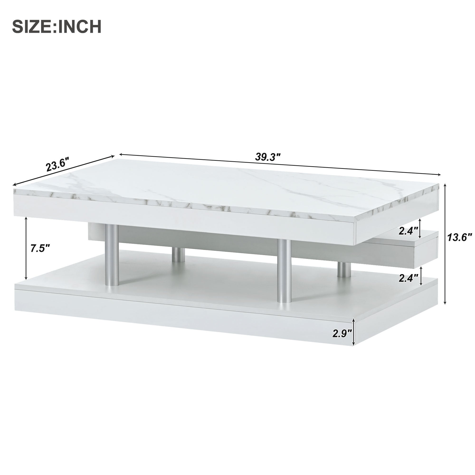 39.30"x23.60" Modern White Glossy Rectangle Coffee Table