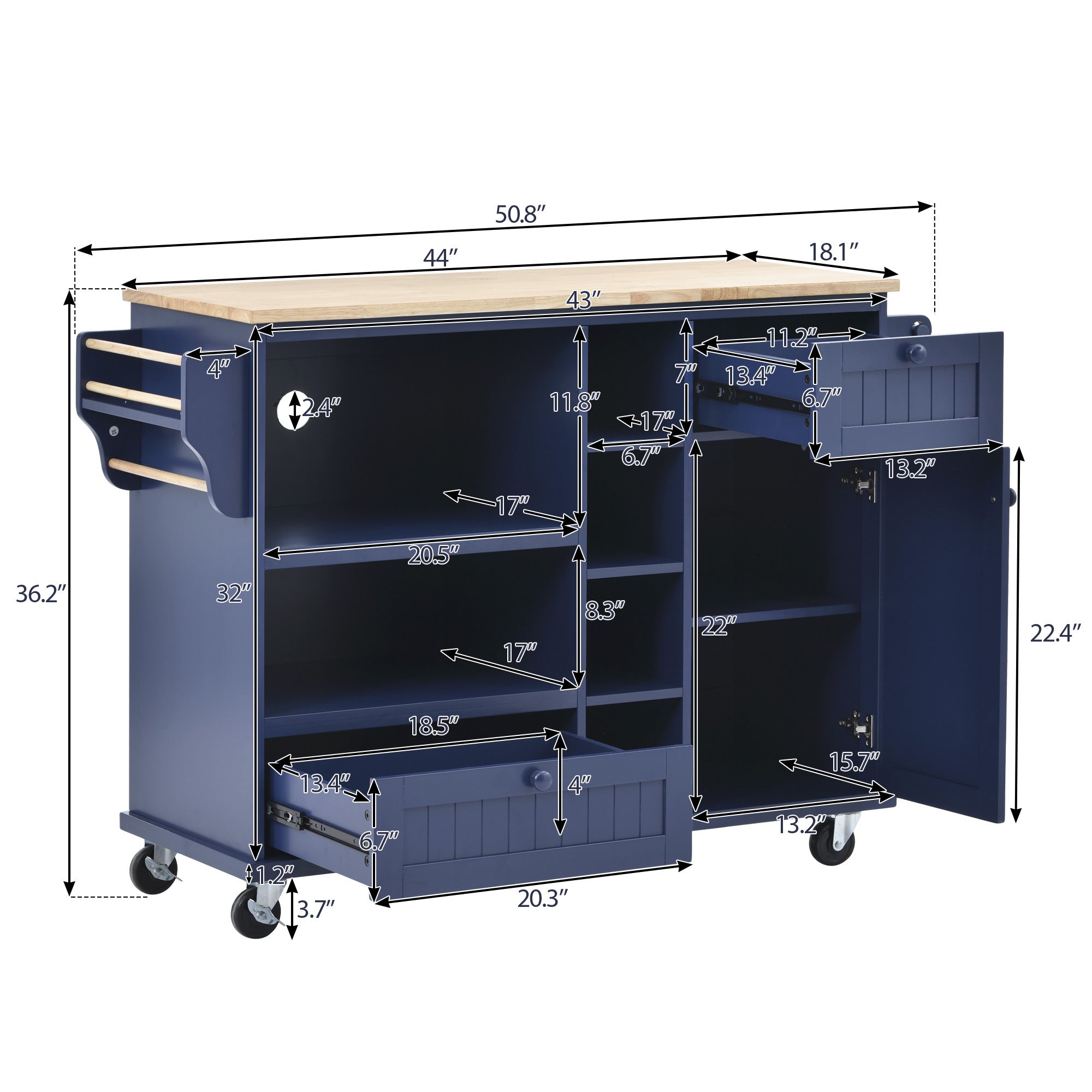 50.80" Dark Blue Rolling Kitchen Cart with Solid Wood Top
