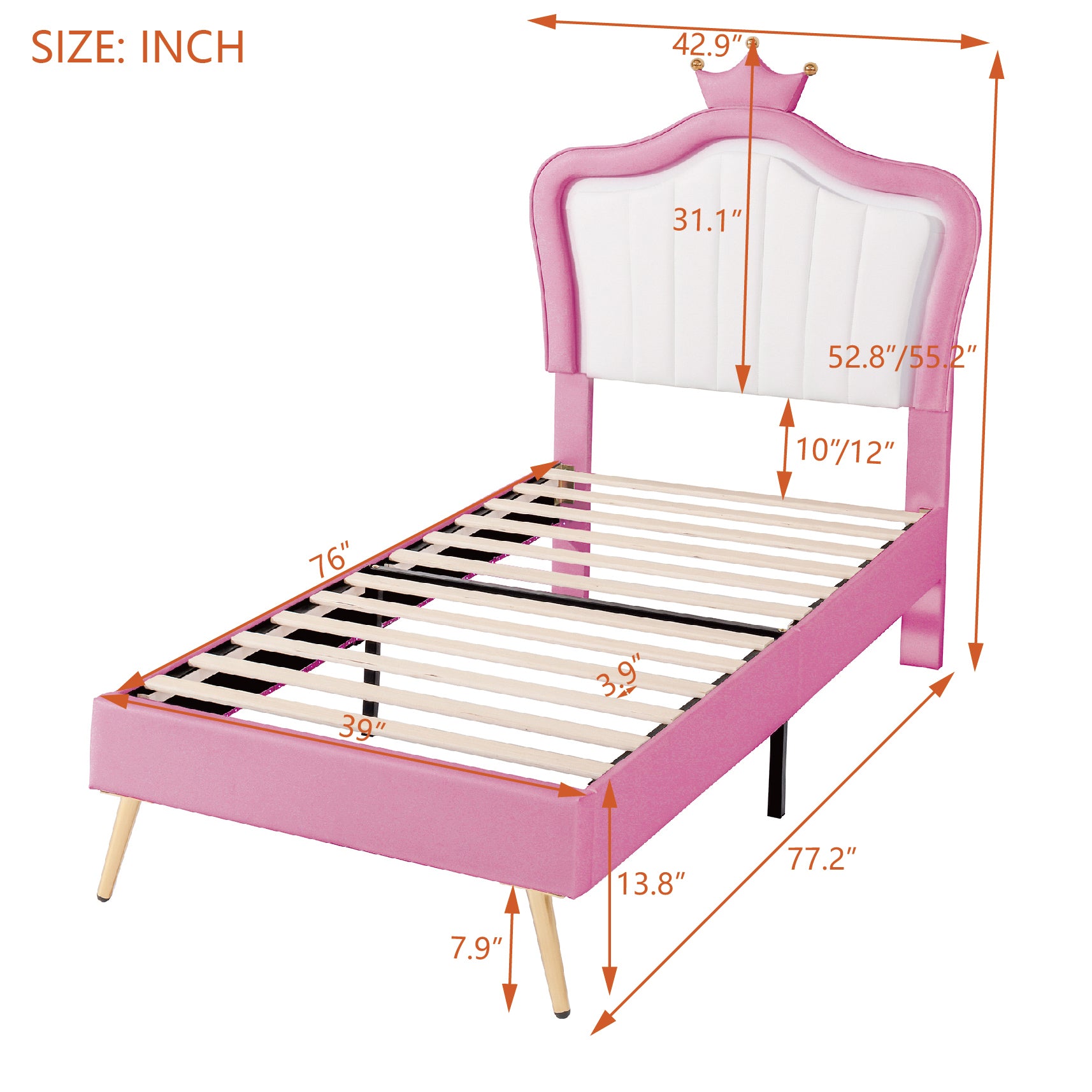 Sophia Twin Size Platform Princess Bed with LED Lights Upholstered with Faux Leather