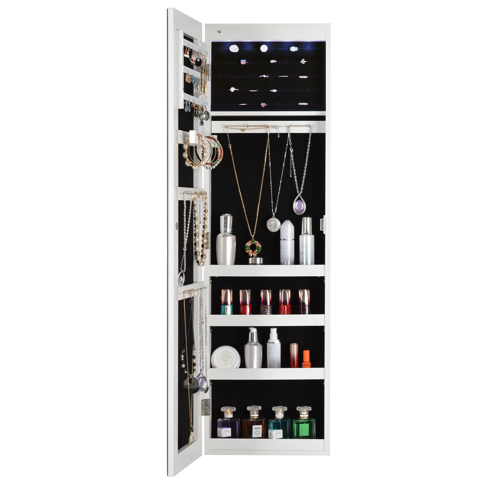 White Full Mirror Jewelry Storage Cabinet  With Led Light  Can Be Hung On The Door Or Wall