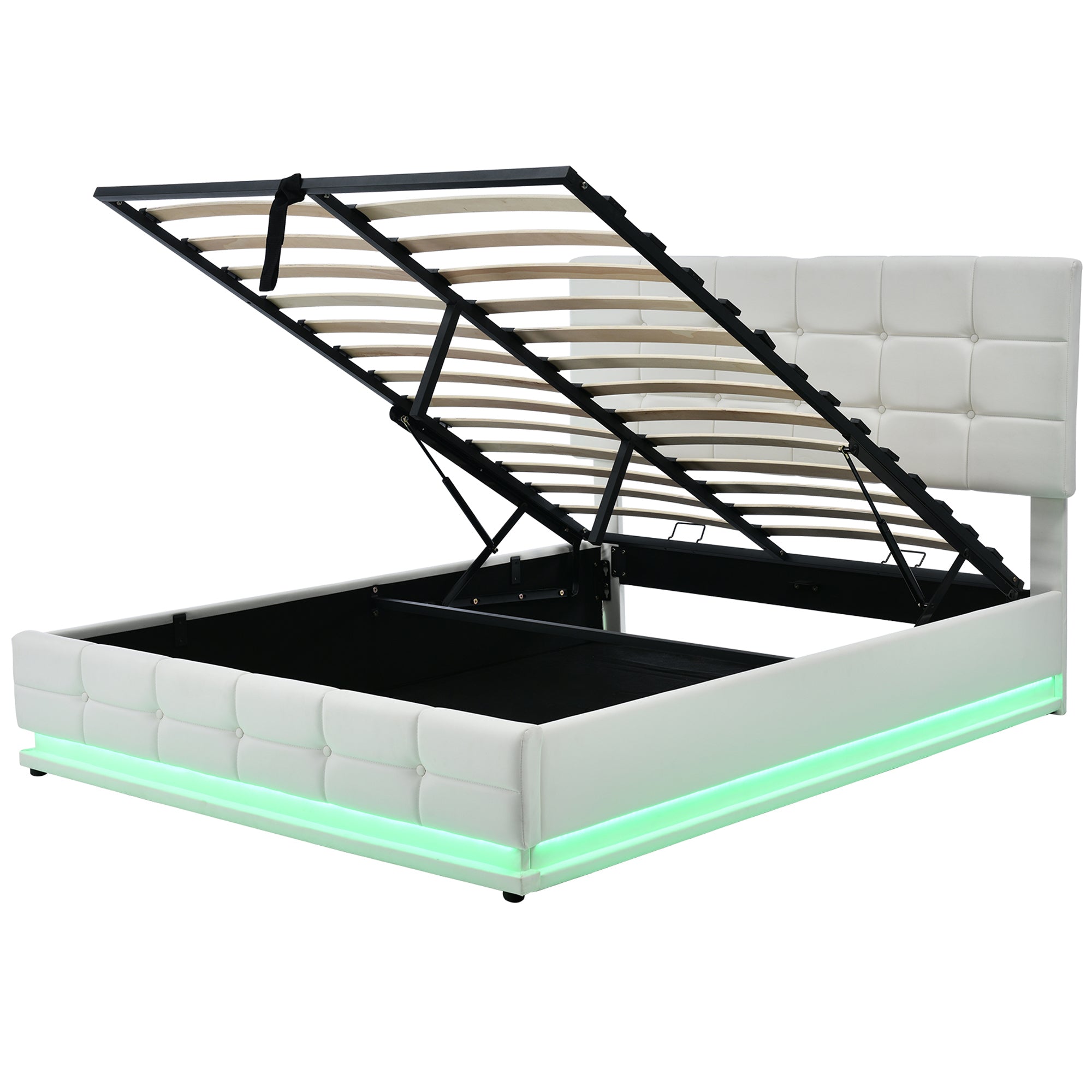 Kosmo White Queen Tufted Faux Leather Hydraulic Lift Platform Storage Bed With LED Light, USB Charger