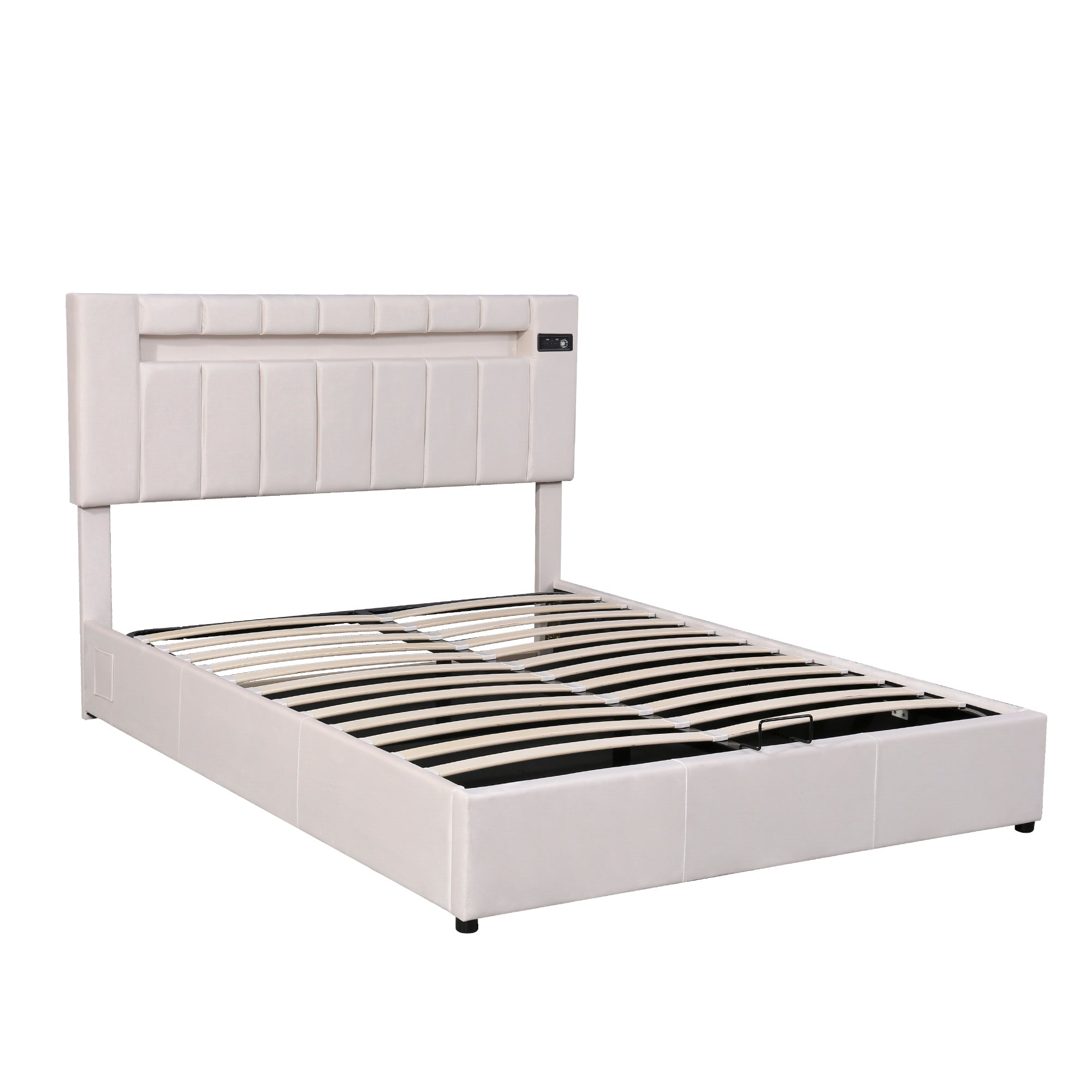 Miami Queen Size Velvet Hydraulic Lift Up Storage Platform Bed with LED Light, Bluetooth Player and USB Charging