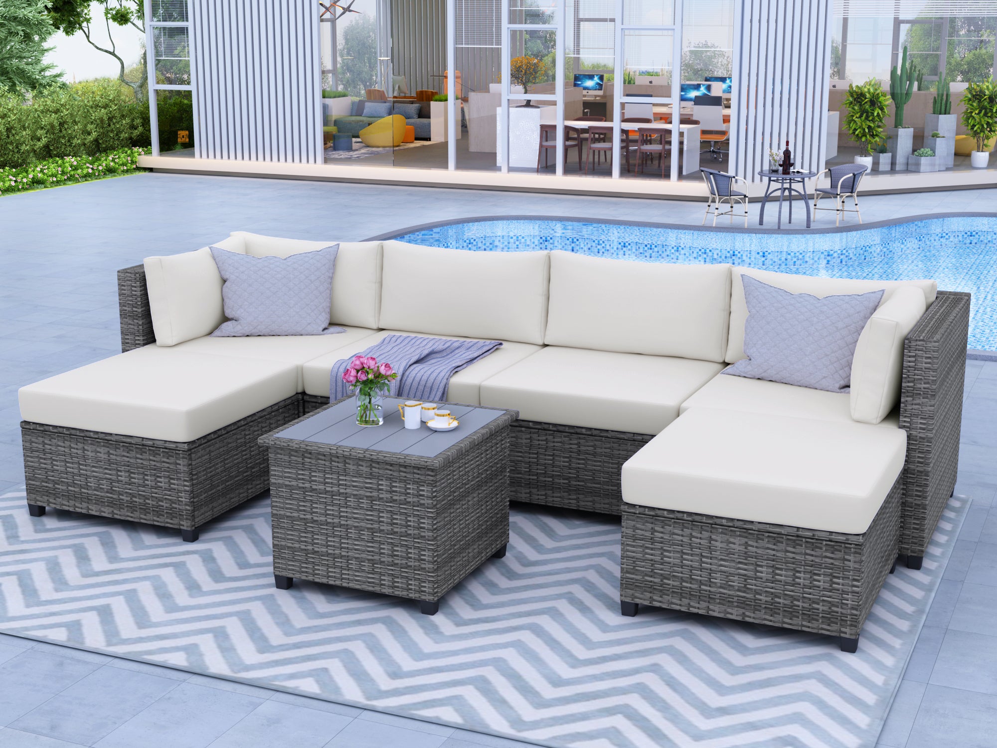 Biscayne 7-Pieces Modular Outdoor Patio Sectional with Coffee Table