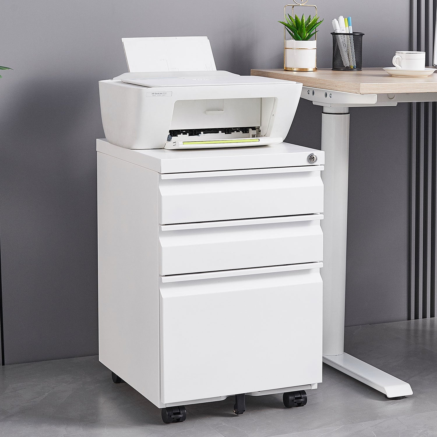 Vertical 3-Drawer White Metal Mobile Pedestal File Cabinet for Letter or Legal Size