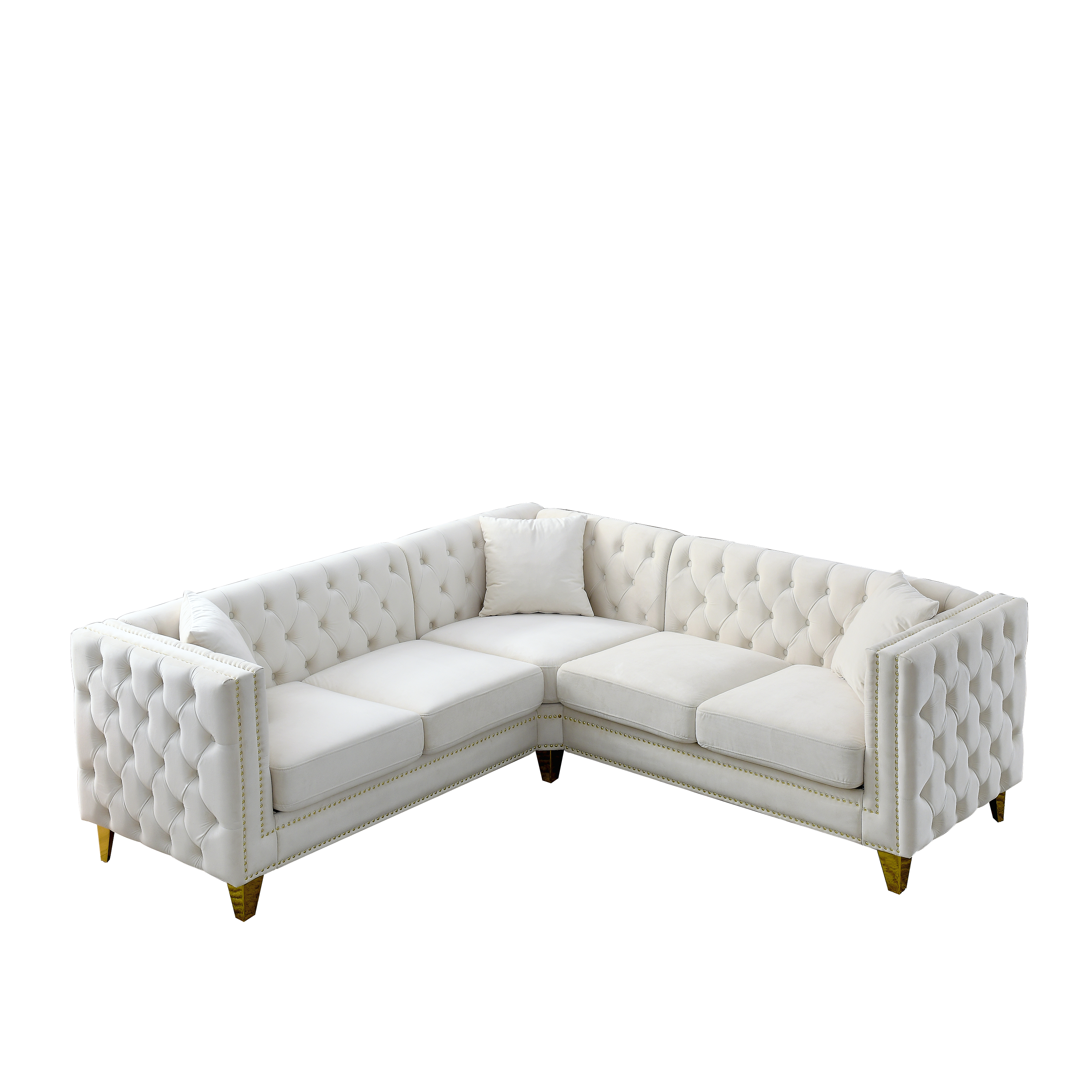 Finley Luxury Velvet L-Shaped Sectional Sofa With Golden Metal Legs and Nailhead Trim