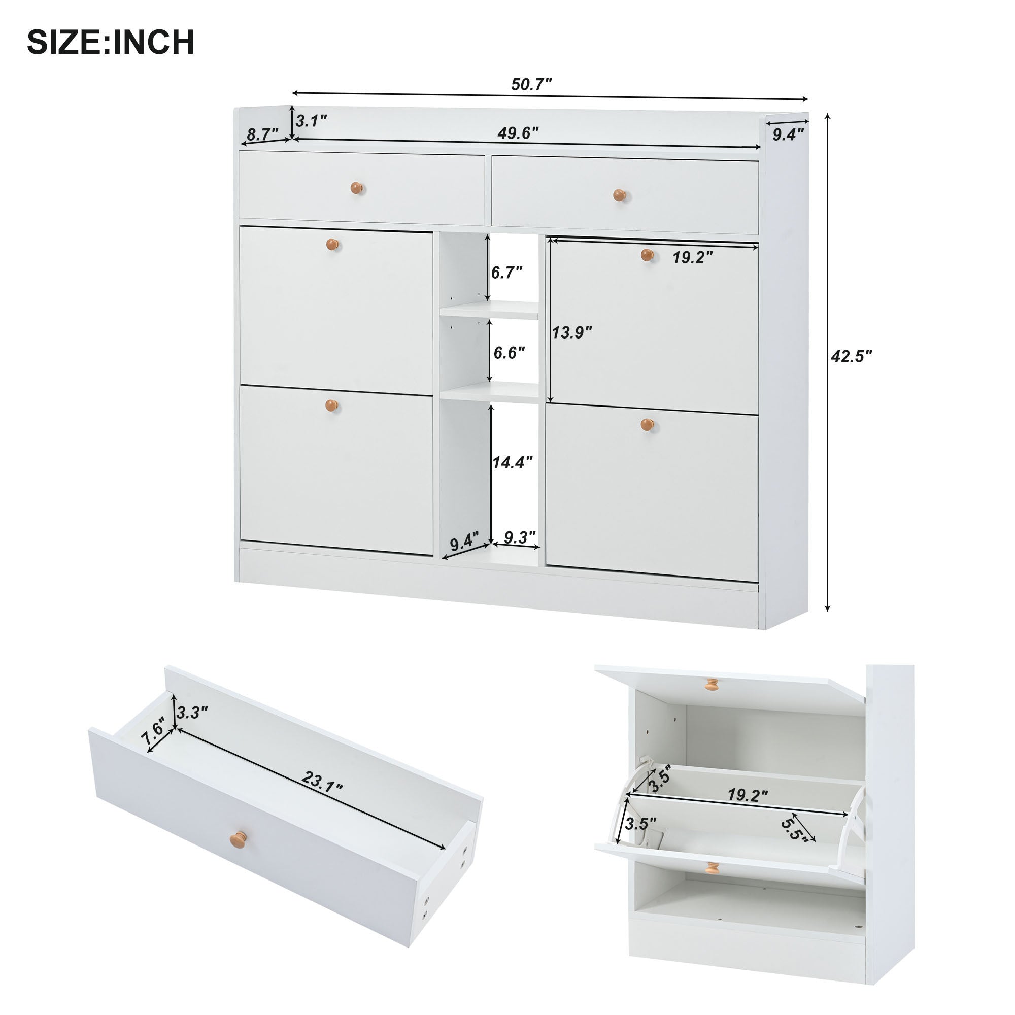 50.70" White Modern Shoe Rack Cabinet with 4 Flip Drawers