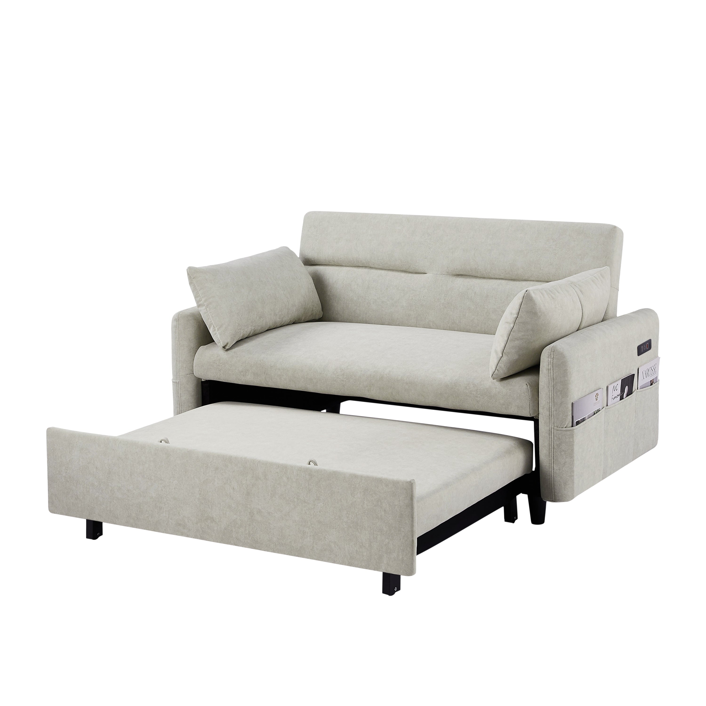 Mikas 55" Micofiber Pull Out Sleep Sofa Bed with USB Ports and Storage Pockets