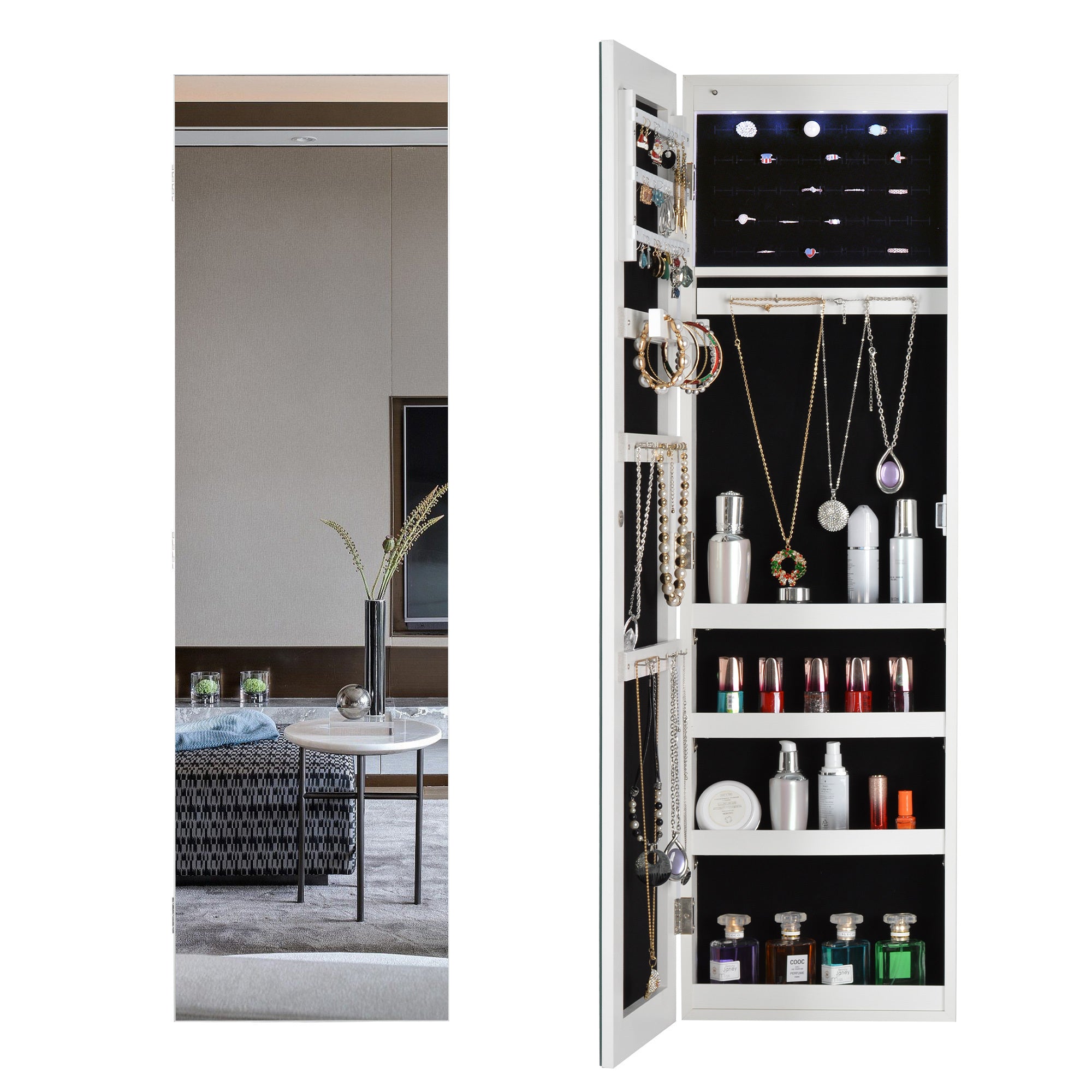 White Full Mirror Jewelry Storage Cabinet  With Led Light  Can Be Hung On The Door Or Wall