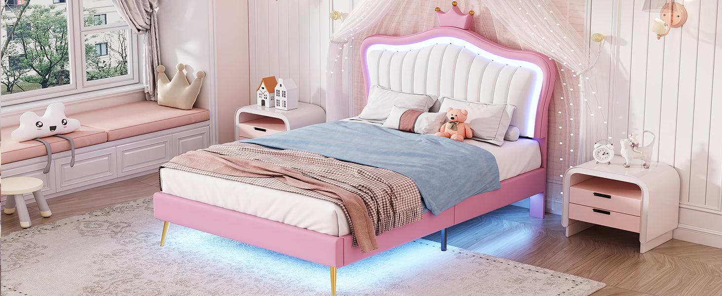 Sophia Twin Size Platform Princess Bed with LED Lights Upholstered with Faux Leather
