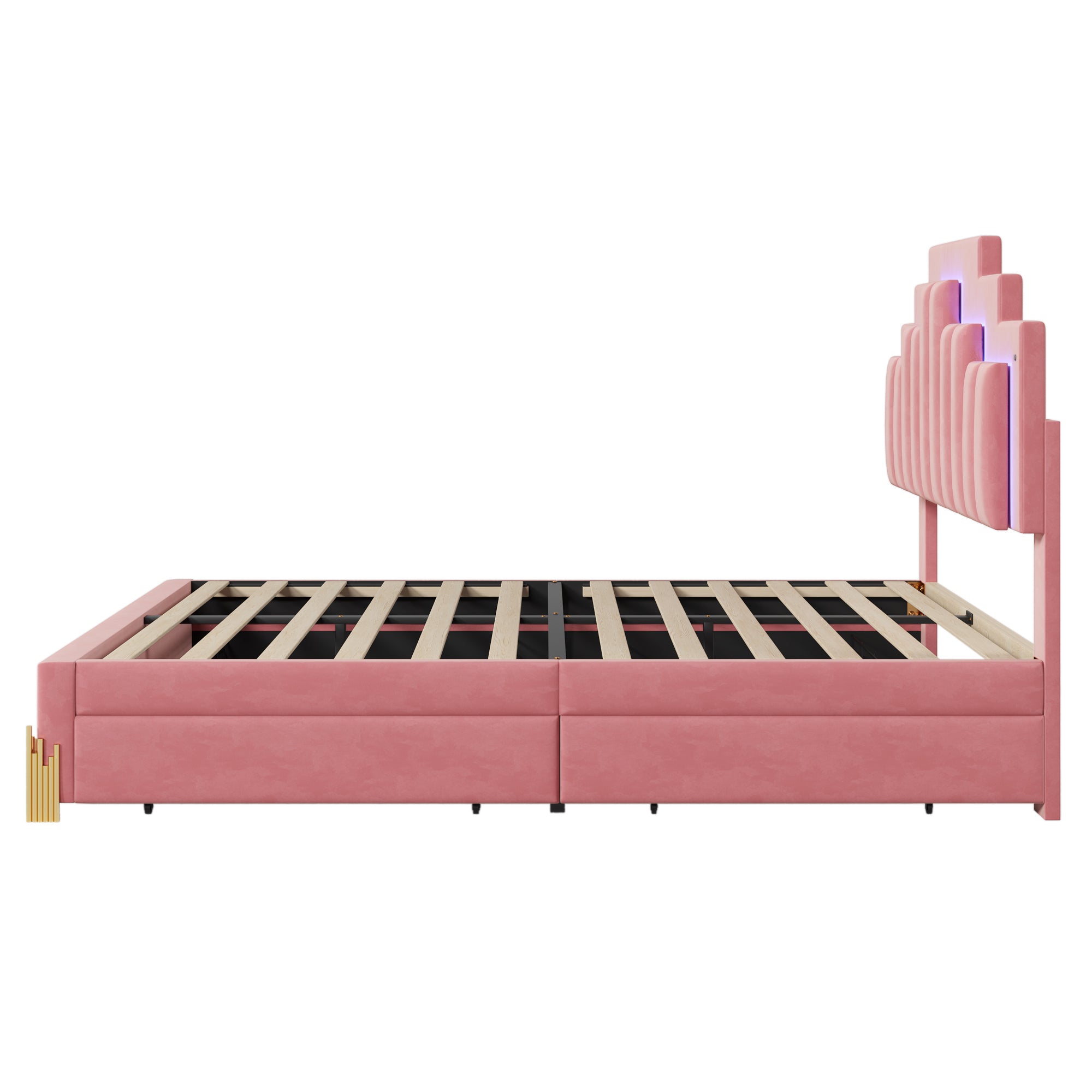 Vivian Pink Velvet Full Size Platform Bed with LED Light and 4 Drawers