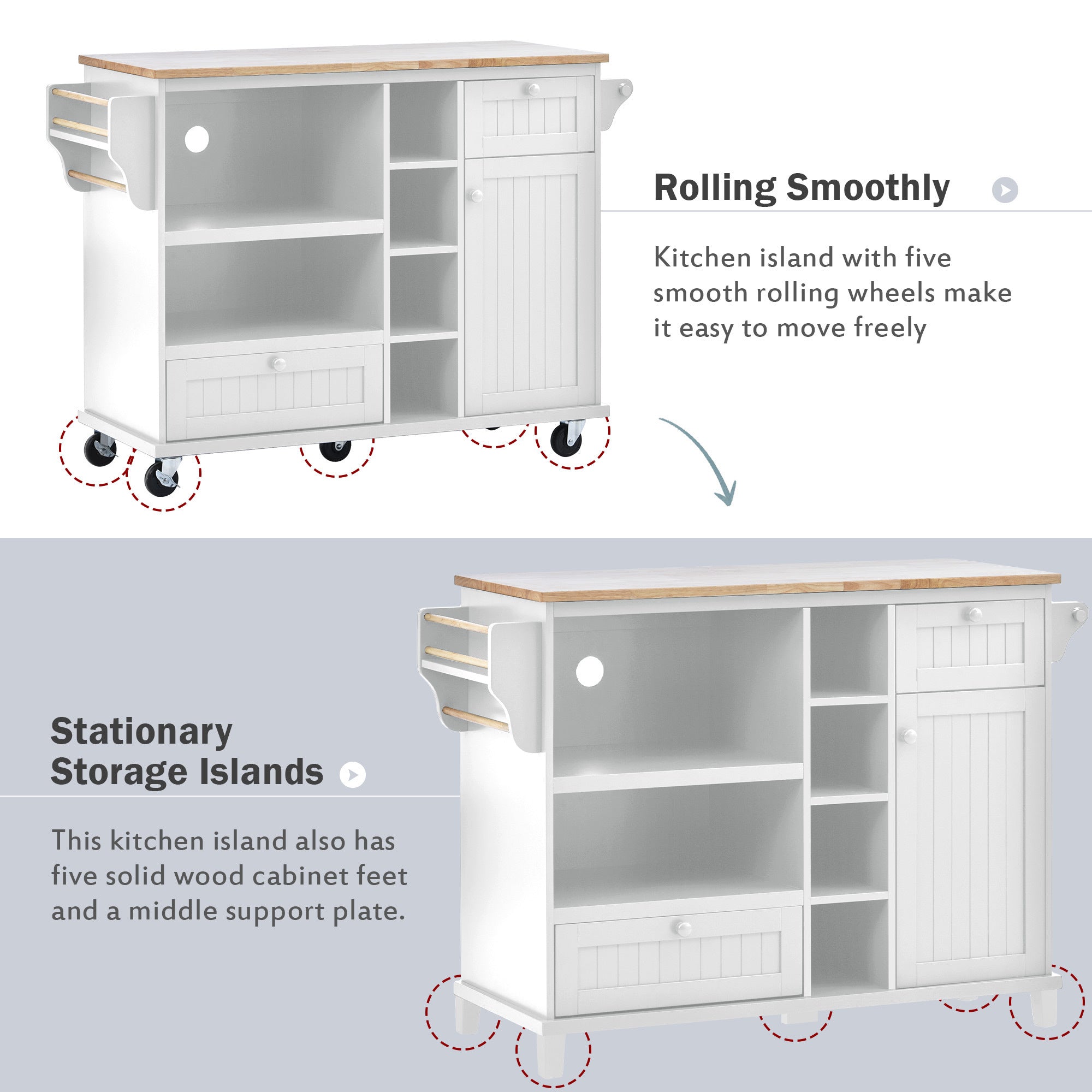 50.80" White Rolling Kitchen Island Cart with Storage Cabinet and Solid Wood Top