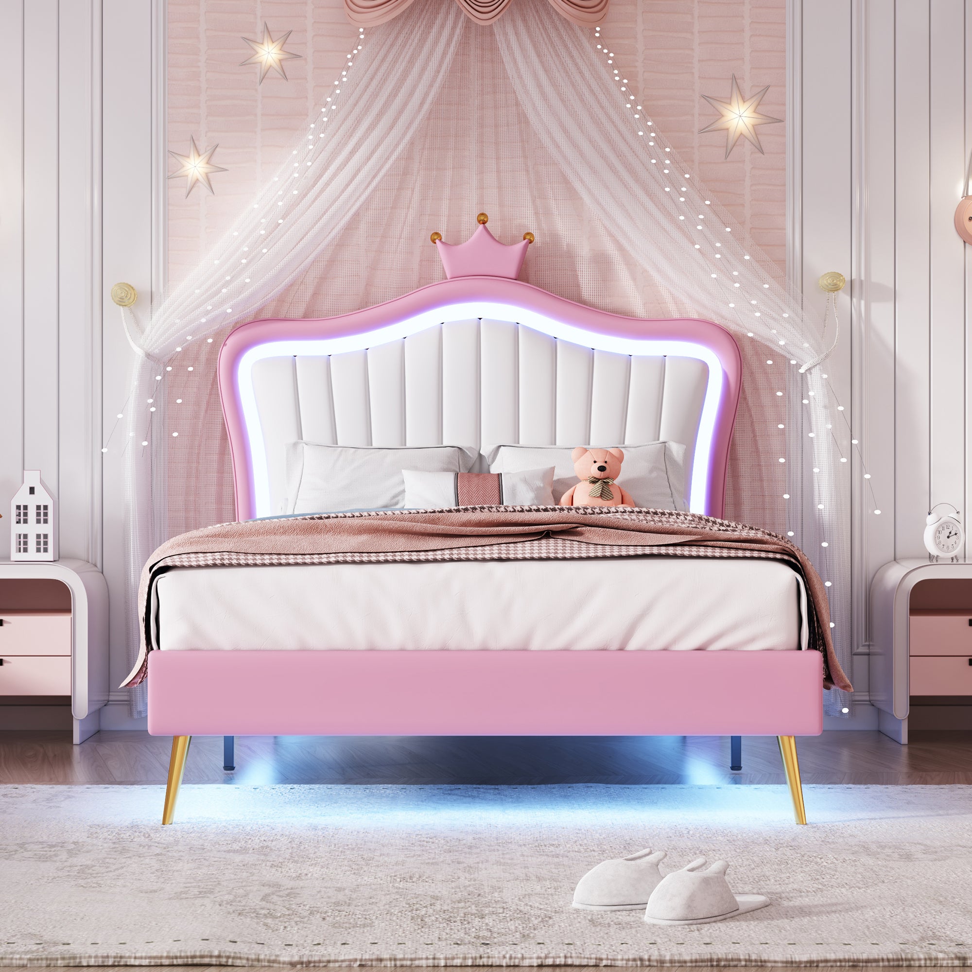 Sophia pink and white Twin Size Platform Princess Bed with LED Lights Upholstered with Sofa Faux Leather