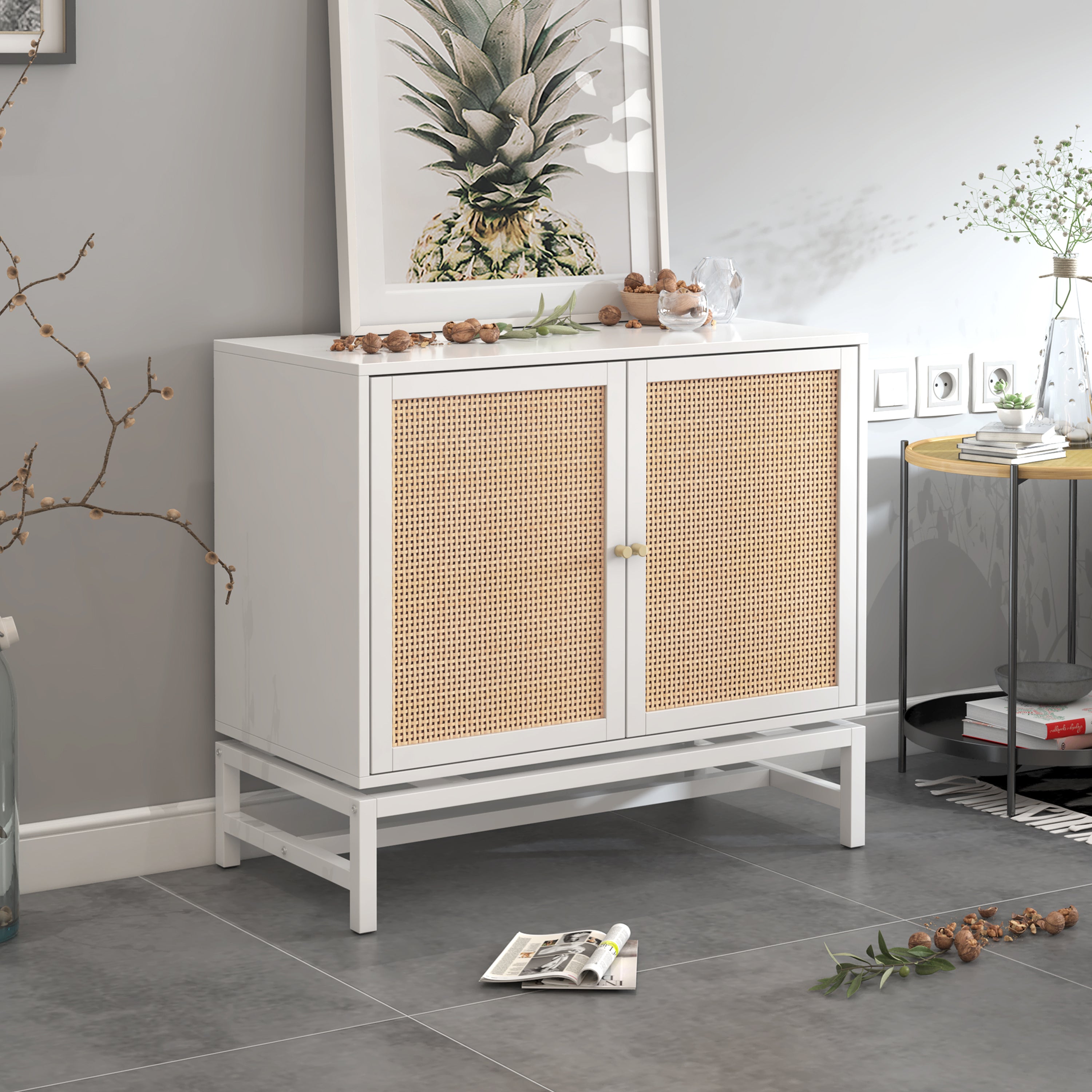 Natural rattan White 2 Door Accent Storage Cabinet with Metal Legs