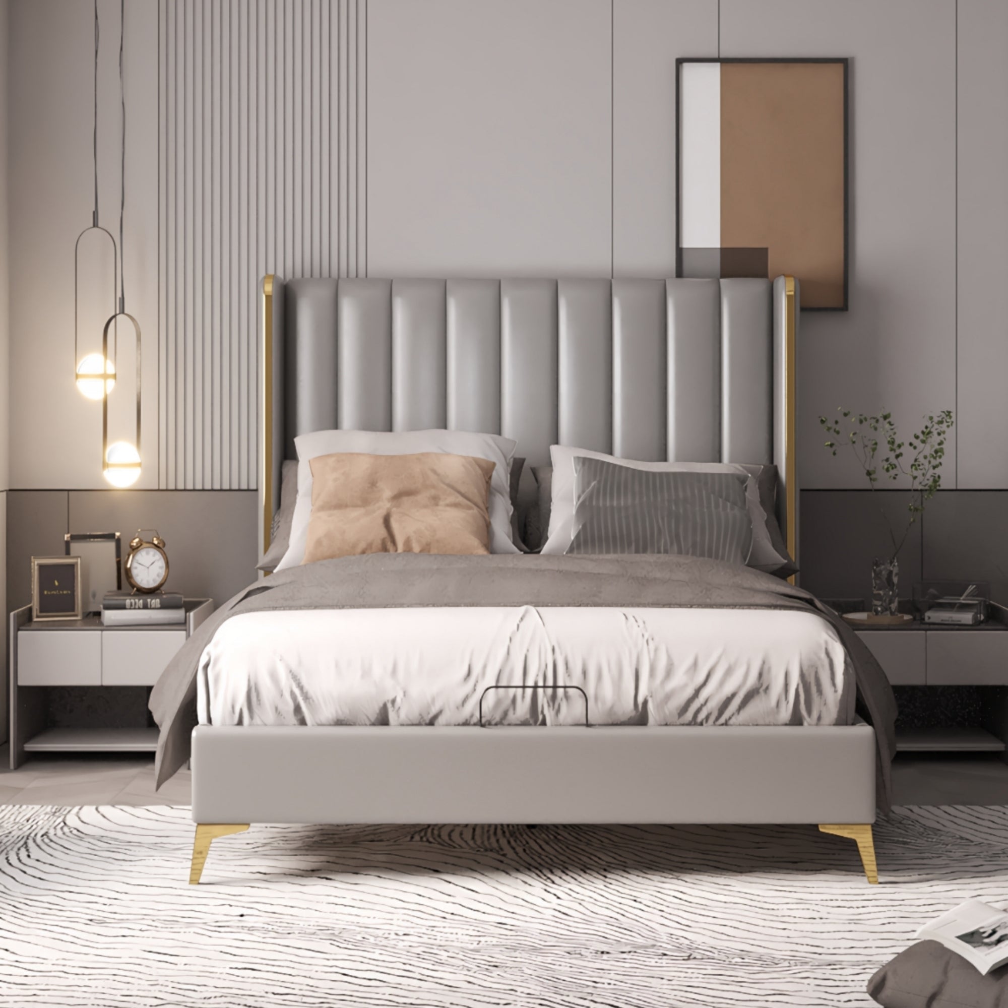 Cindy Queen 56" Tall Headboard Channel Tufted Upholstered Platform Bed, Light Gray Faux Leather