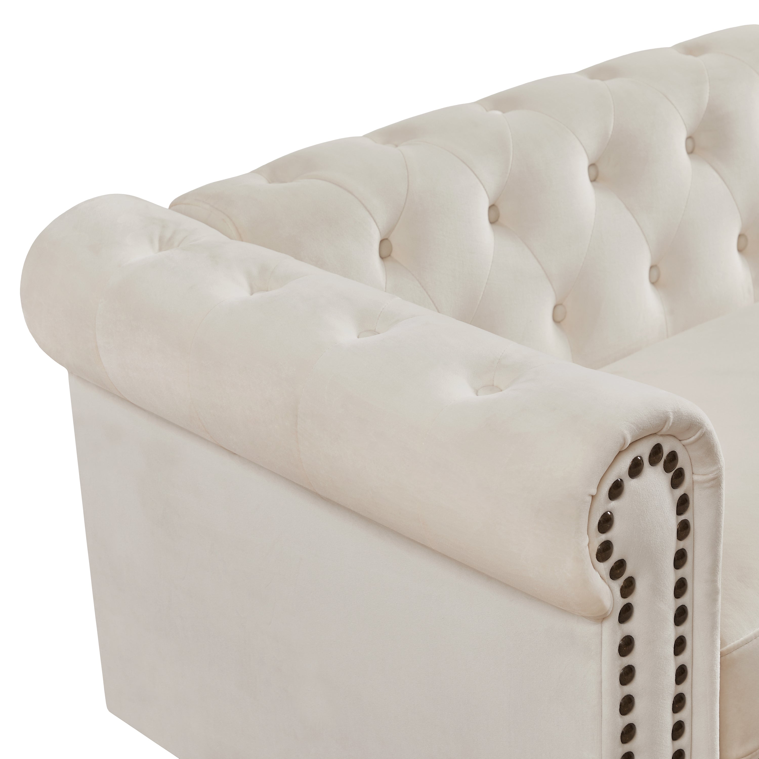 79.53" White Velvet Chesterfield Sofa with Tufted Back and Wood Legs