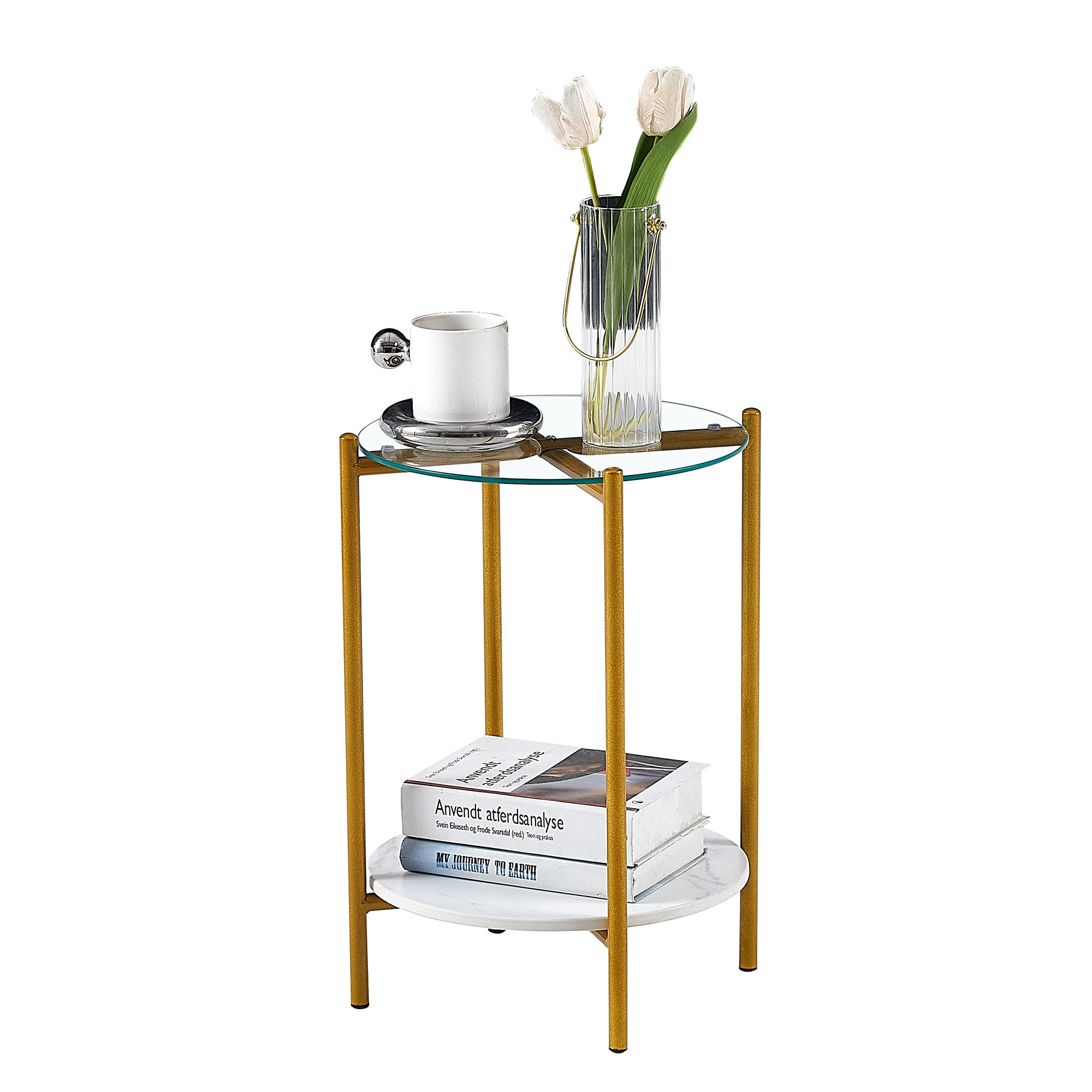 Accent Two Layer End Table With Gold Metal Frame and Tempered Glass, Faux Marble top undershelf