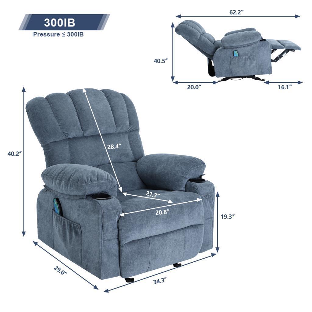 Adam Blue Fabric Recliner Chair with Cupholder and Massage Heat with USB port