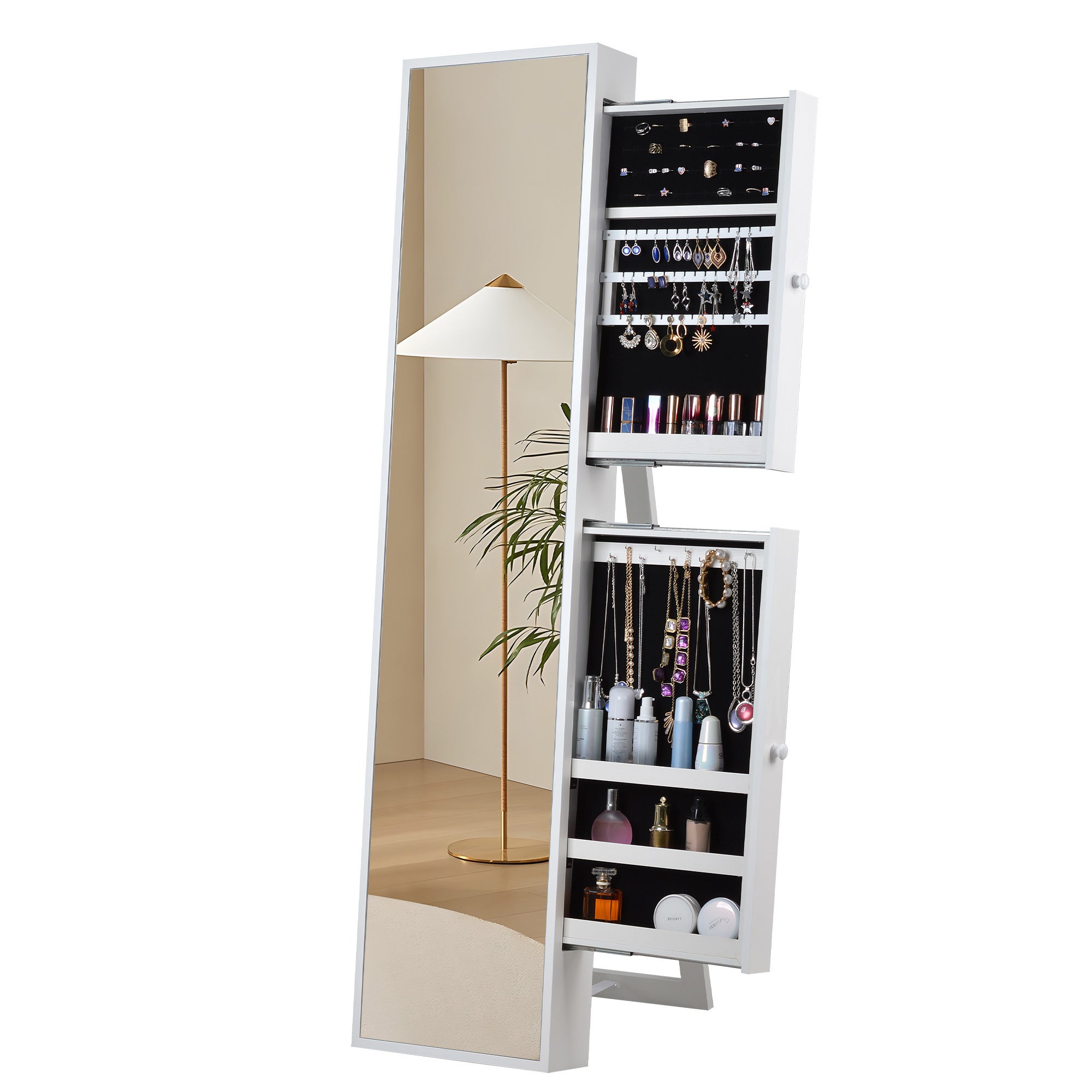 61" Tall White Standing Mirror Jewelry Cabinet  With Two Storage  Drawers
