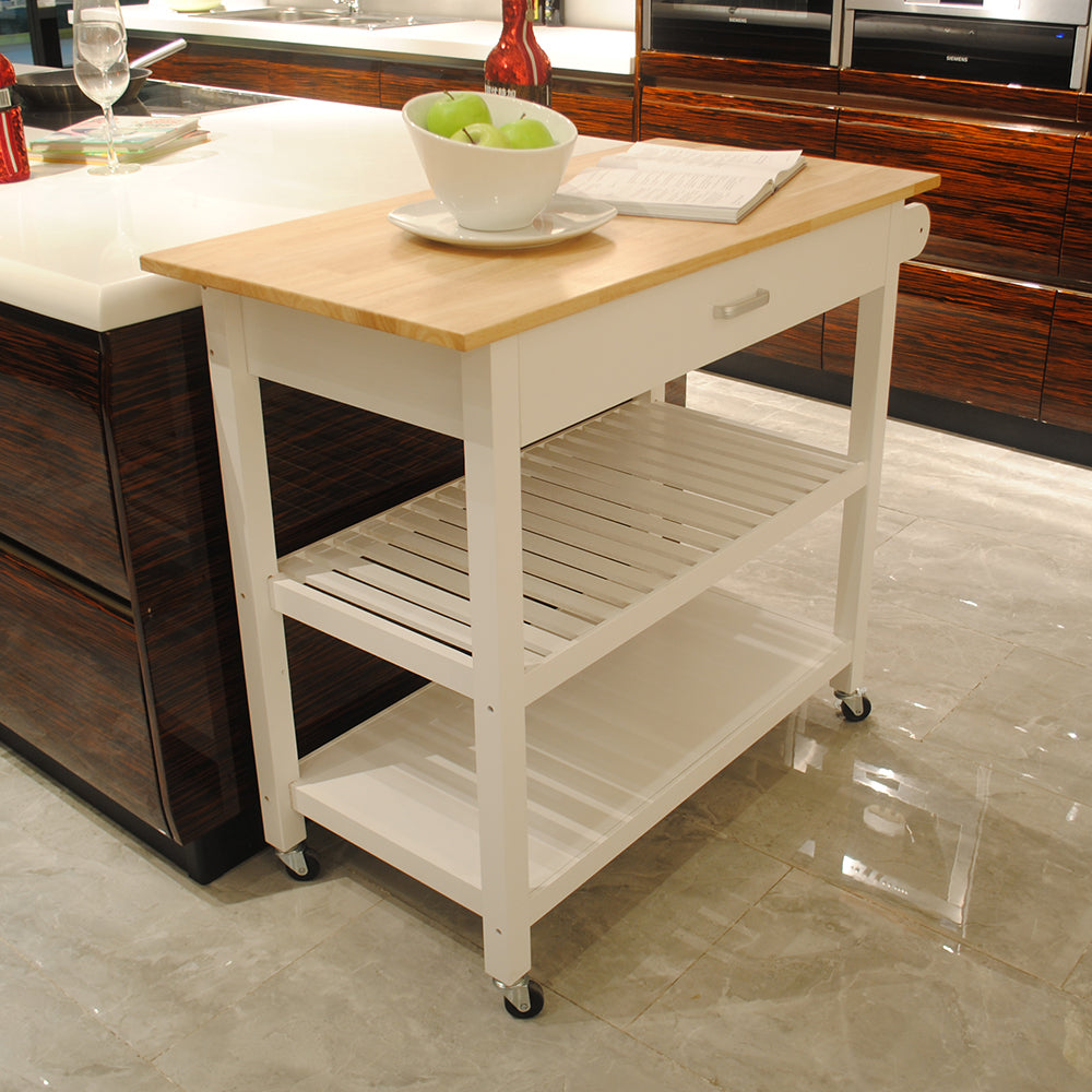 40" White Rolling Kitchen Island Cart with Solid Wood Top