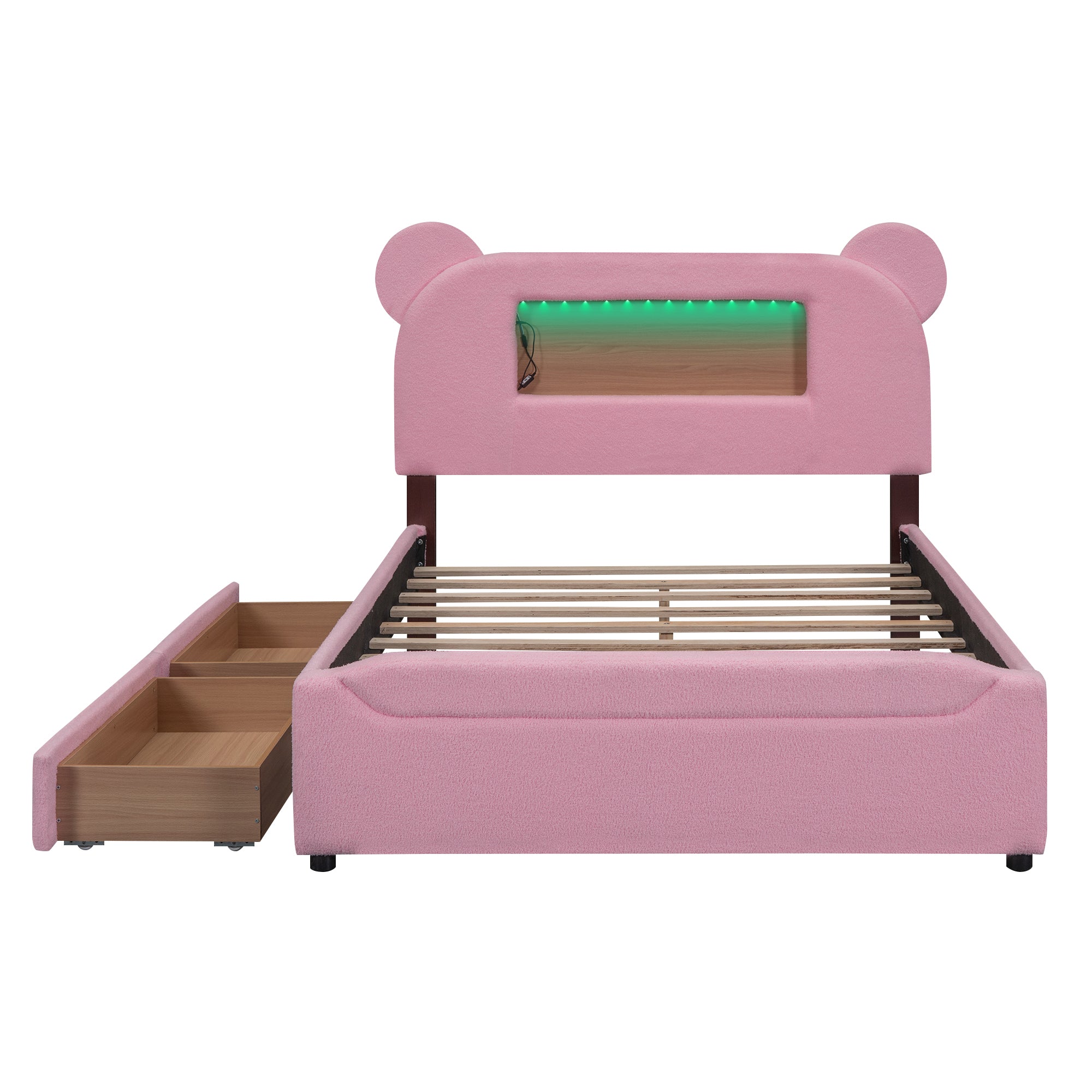 Teddy Full Size Pink Boucle Upholstered Storage Platform Bed with Cartoon Ears Headboard and LED light