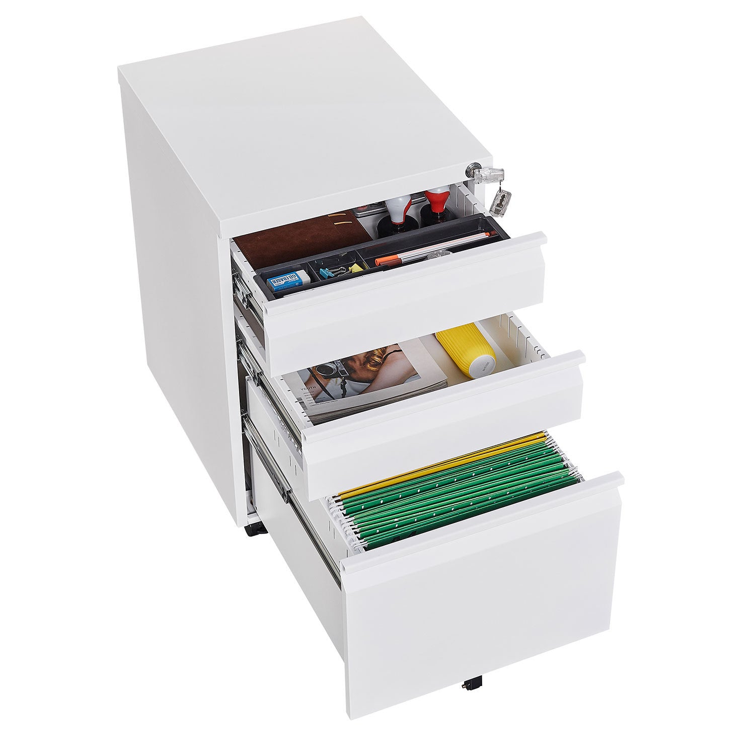 Vertical 3-Drawer White Metal Mobile Pedestal File Cabinet for Letter or Legal Size