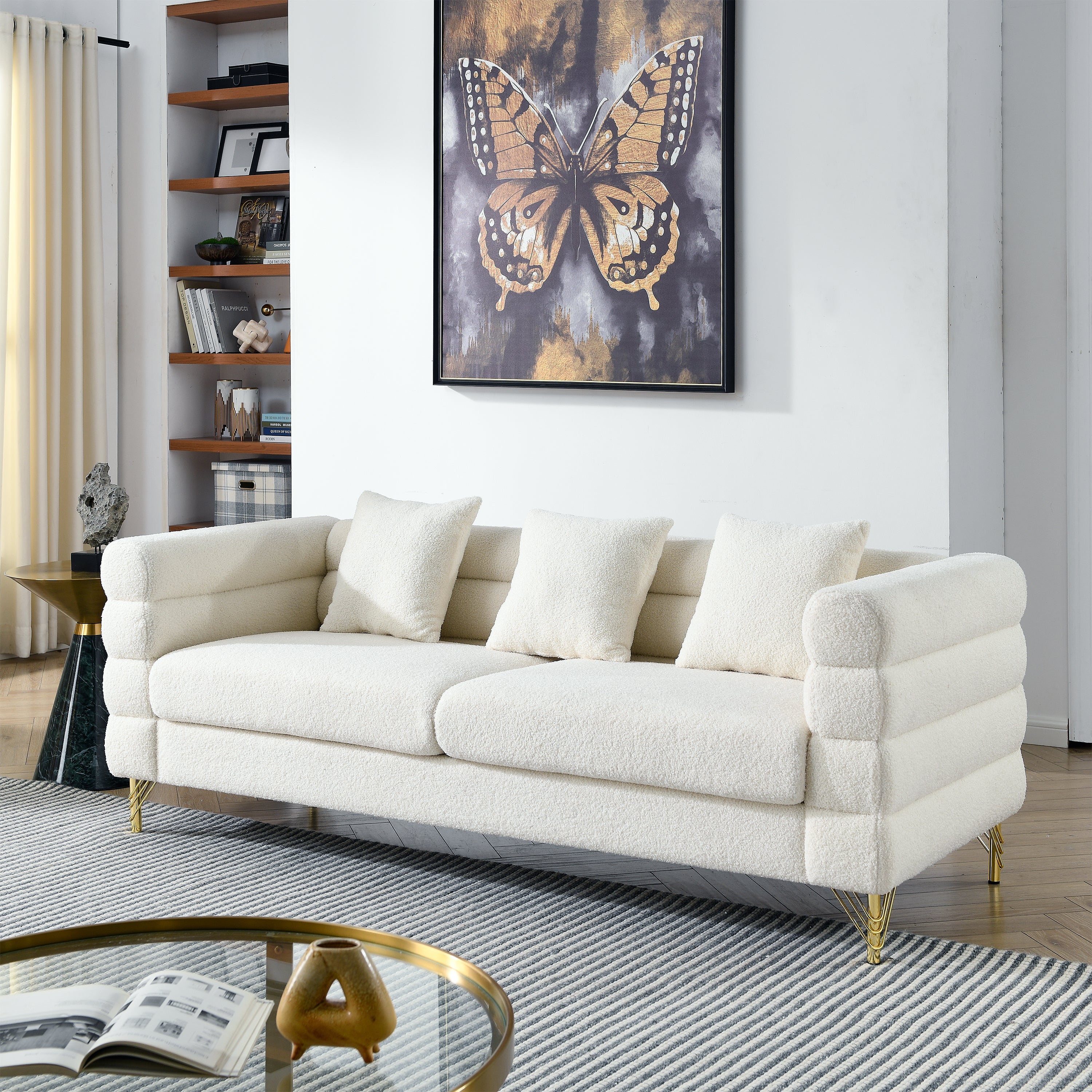 81" Beige Boucle Fabric Sofa With Gold Metal Legs 