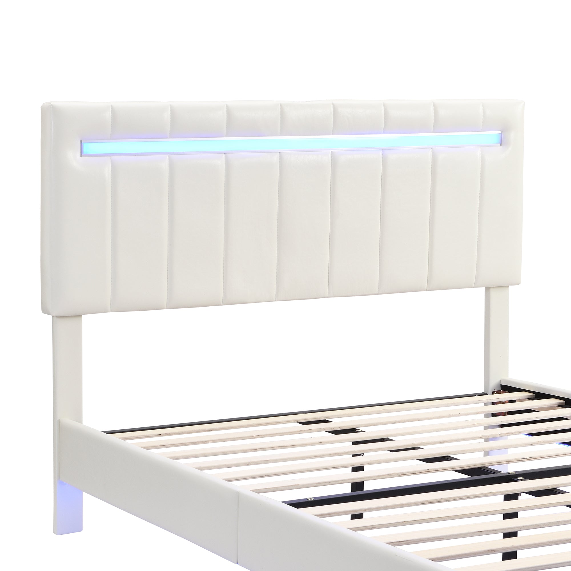 Lazio Faux Leather Queen Floating Platform Bed with LED Lights and USB Charging