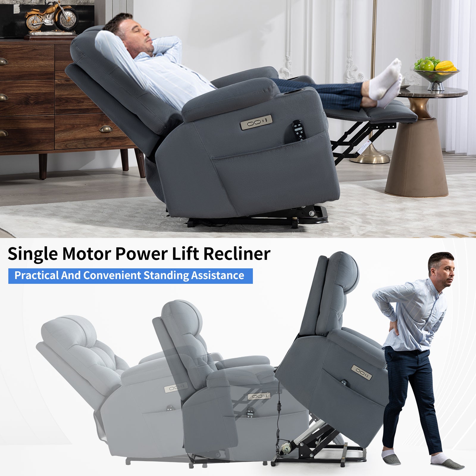 Mason Suede Power Lift Recliner with Massage and Heating, USB Charge Ports and Cup Holder