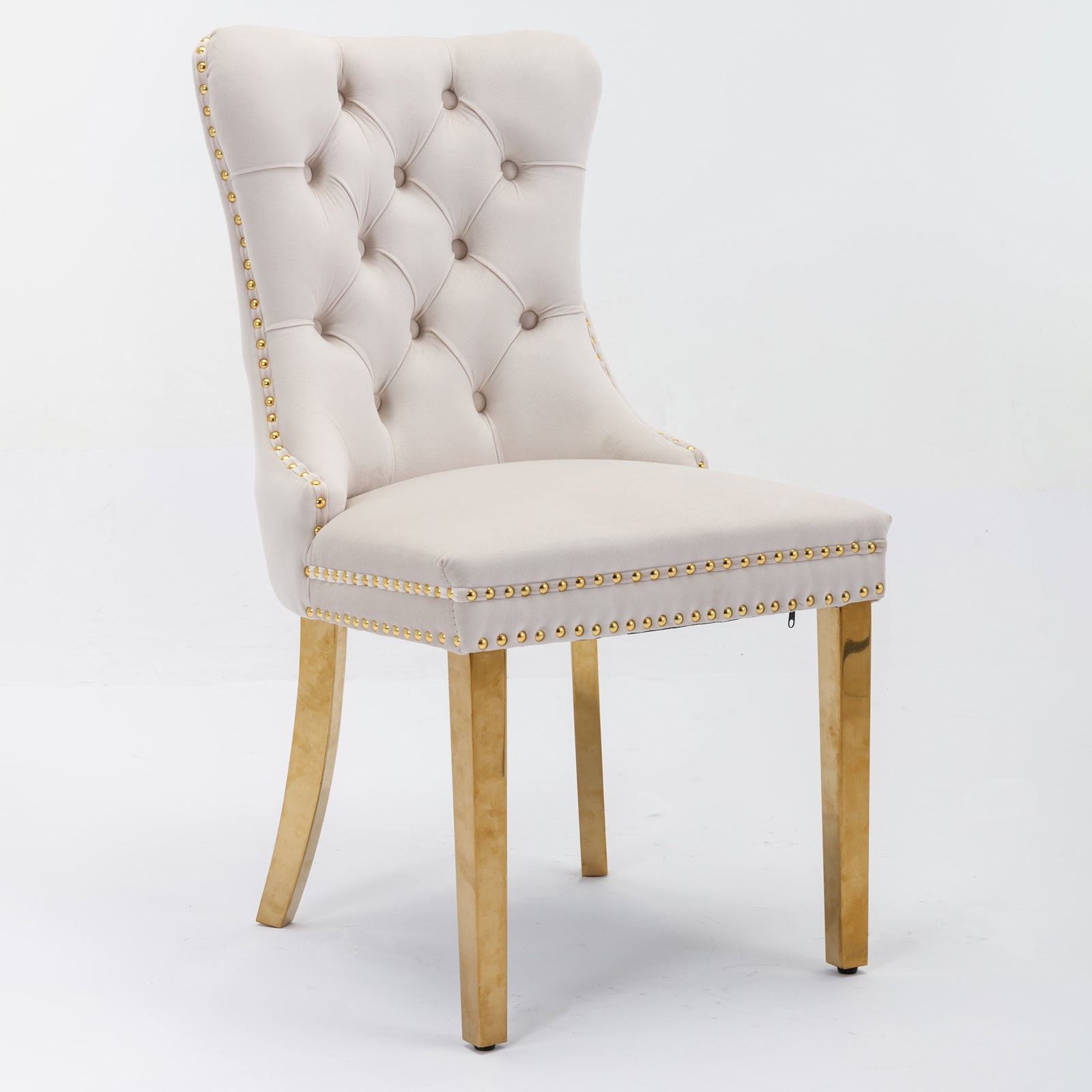 Set of 2 Paris Beige Velvet Tufted Dining Chair With Gold Naihead Trim and Metal Legs
