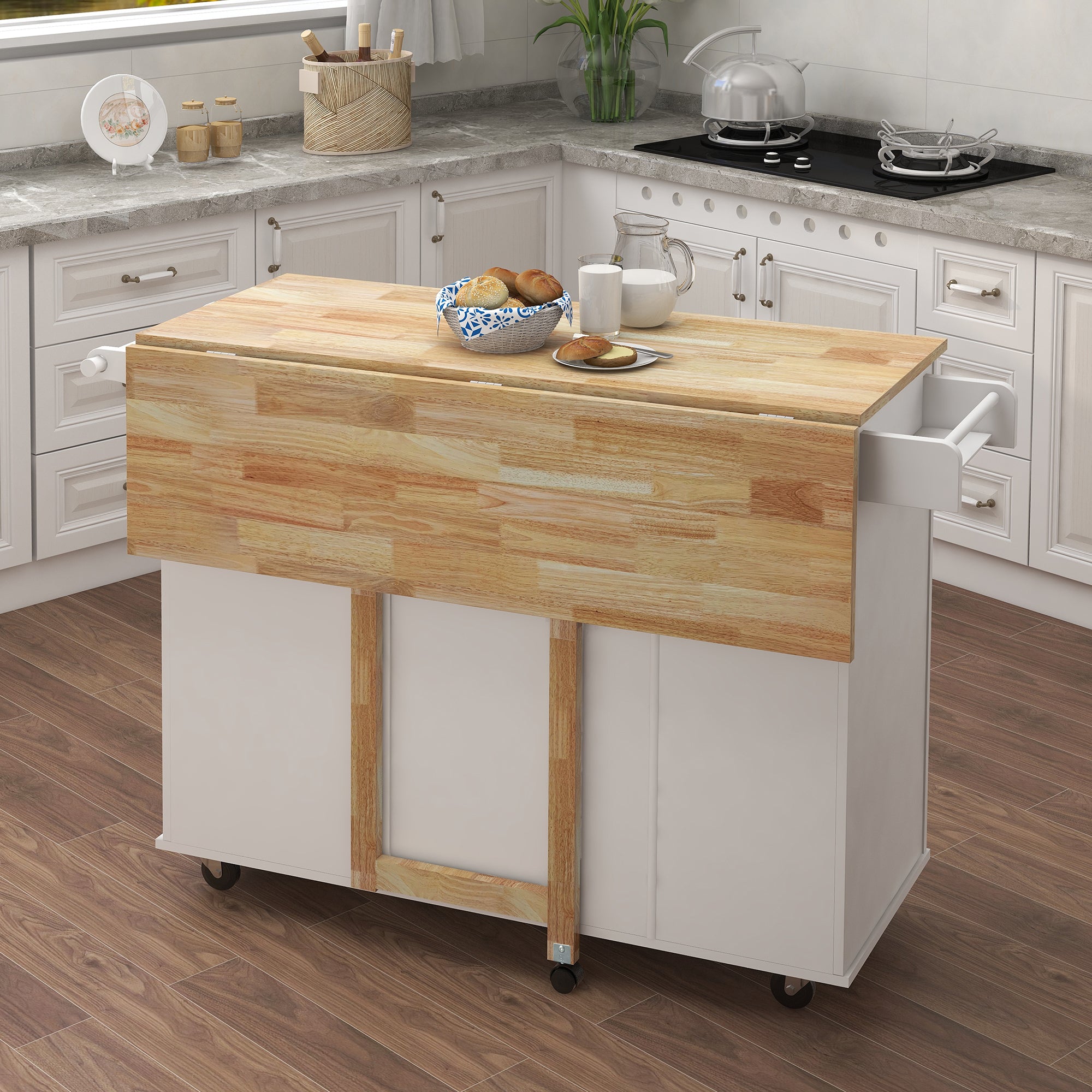 White Shaker Rolling Kitchen Cart with Drop Leaf Solid Wood Top