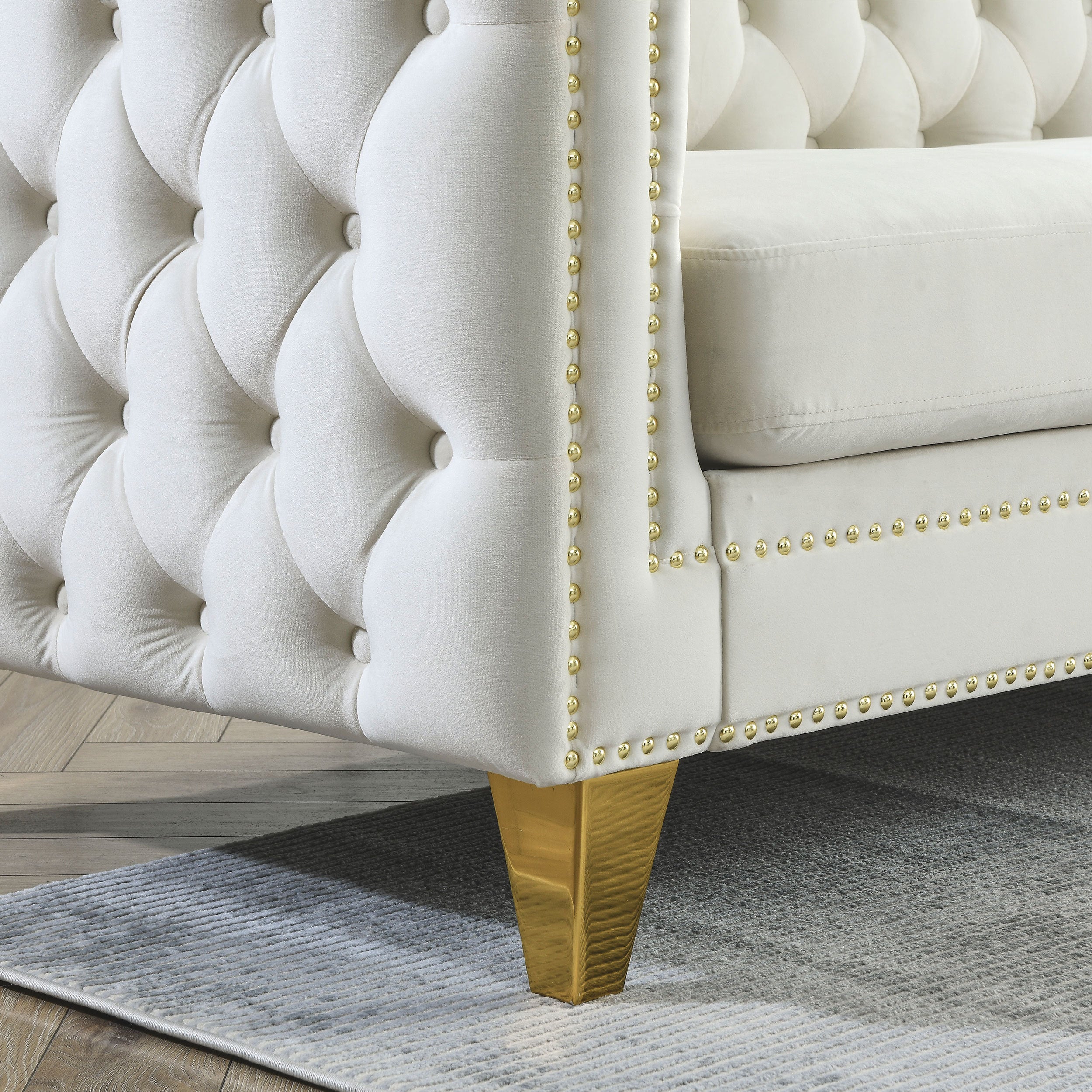 Finley Luxury Velvet L-Shaped Sectional Sofa With Golden Metal Legs and Nailhead Trim
